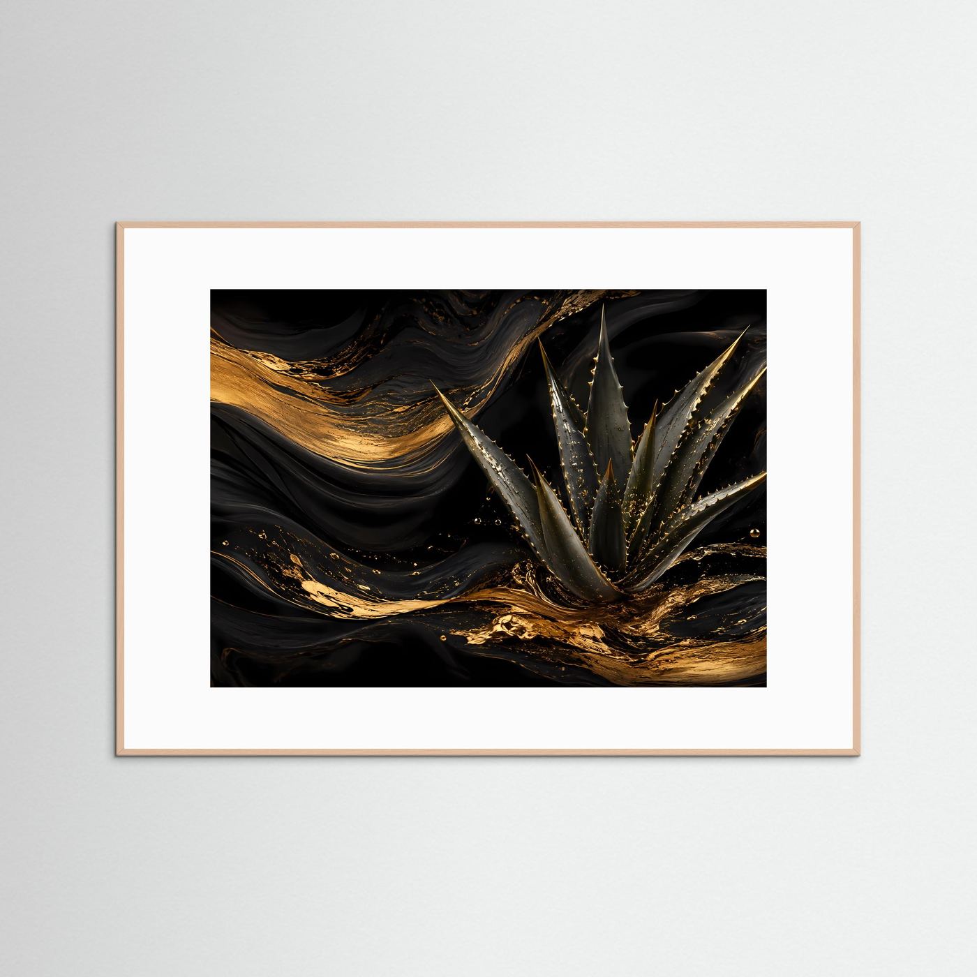 Poster: abstrakte Aloe Vera, schwarz-goldenes Bild, brauner Rahmen (Querformat)