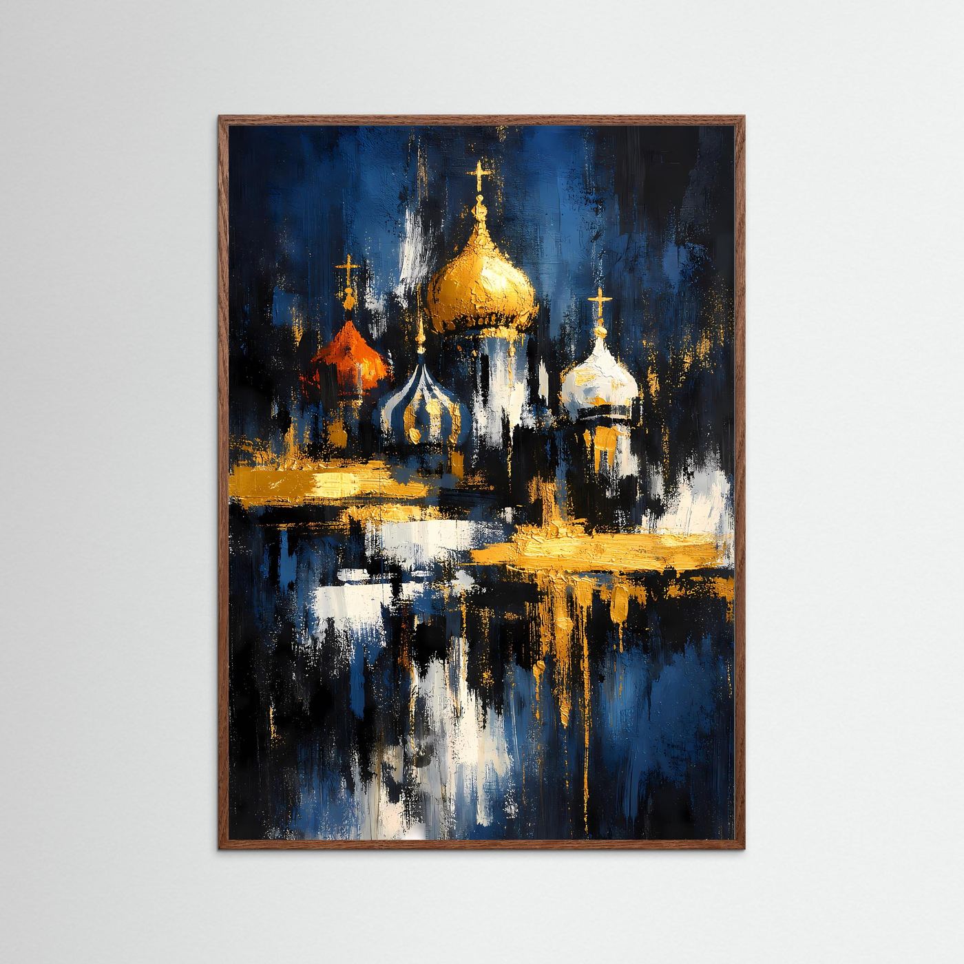 Architekturposter mit Kathedrale und goldenen Kuppeln, Nachtblau, brauner Holzrahmen