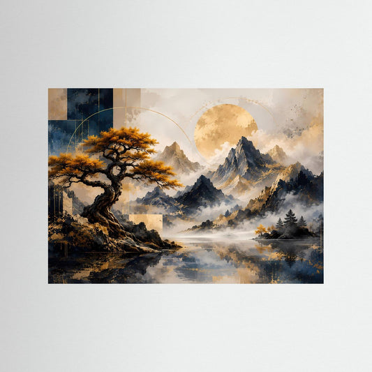 Poster im Querformat: goldener Baum, blaue Berge und heller Mond, abstrakte Naturgrafik