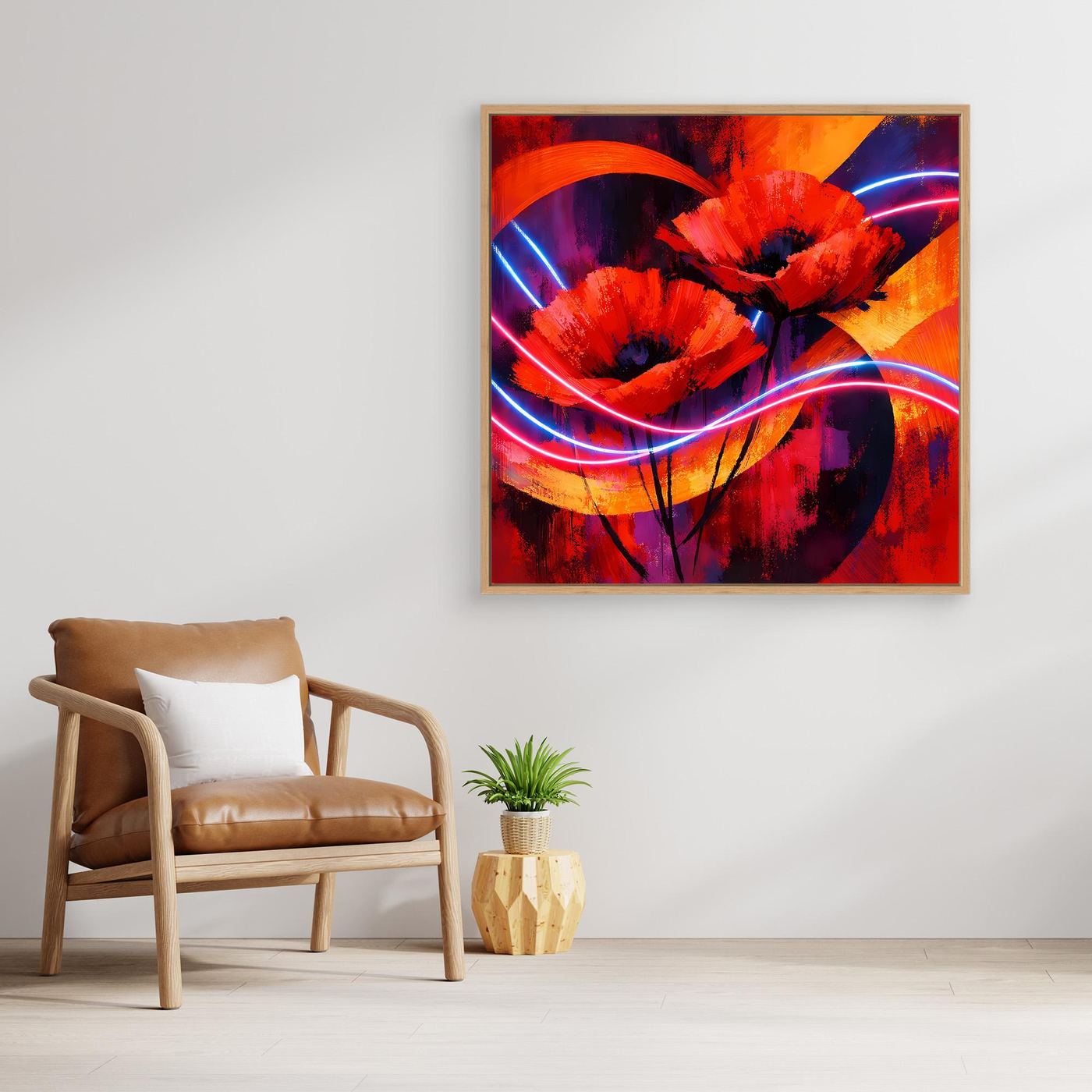 Leinwandbild mit roten Mohnblüten in abstrakter Komposition, Neonlinien in Blau/Violett, Holzrahmen