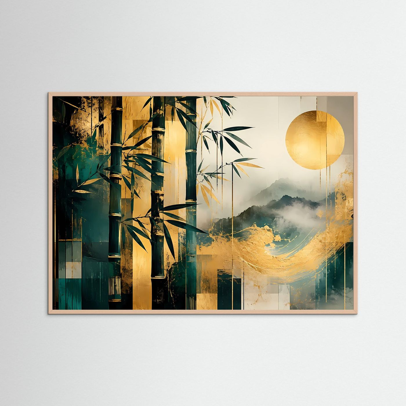 Bambus Gold Poster | Japanische Landschaft Wandbild Modern | Abstrakte Zen Kunst mit Bergen und Sonne