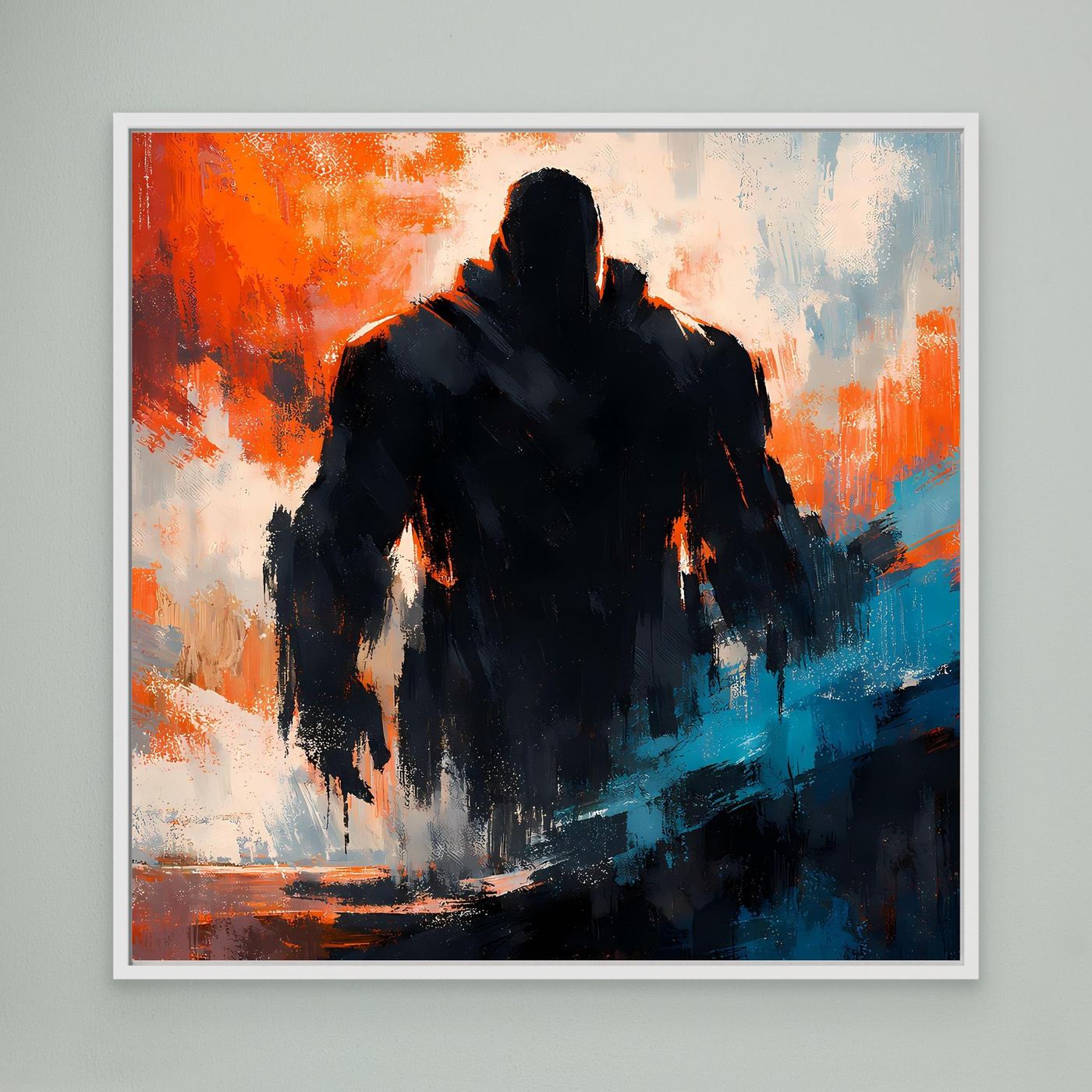 Gerahmtes Leinwandbild mit dunkler Silhouette, orange-blau abstrakt, weißer Rahmen