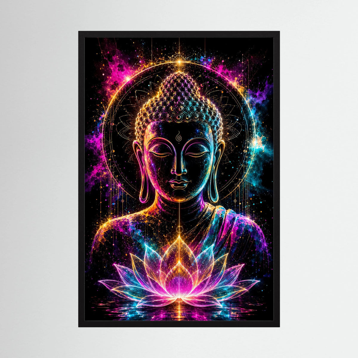 Kunstposter mit Buddha im Neon-Look, lotosförmige Lichtblüte, schwarzer Rahmen