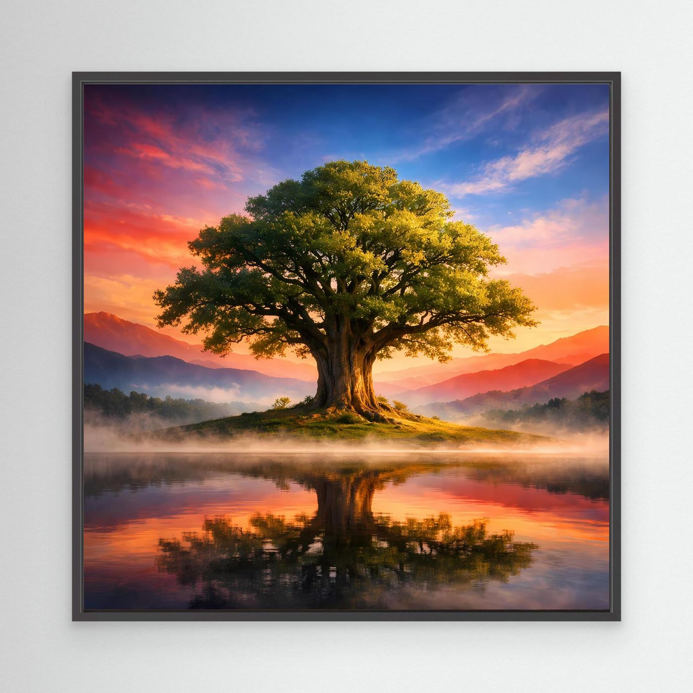 Leinwandbild mit Baum, schwarzer Rahmen, Sonnenaufgang und Spiegelung im Wasser