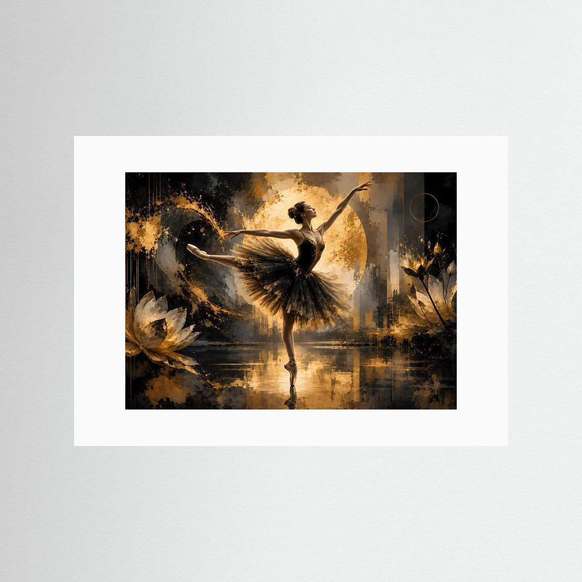 Tanzposter einer Ballerina in Schwarz und Gold, Querformat, ohne Rahmen, weißes Passepartout