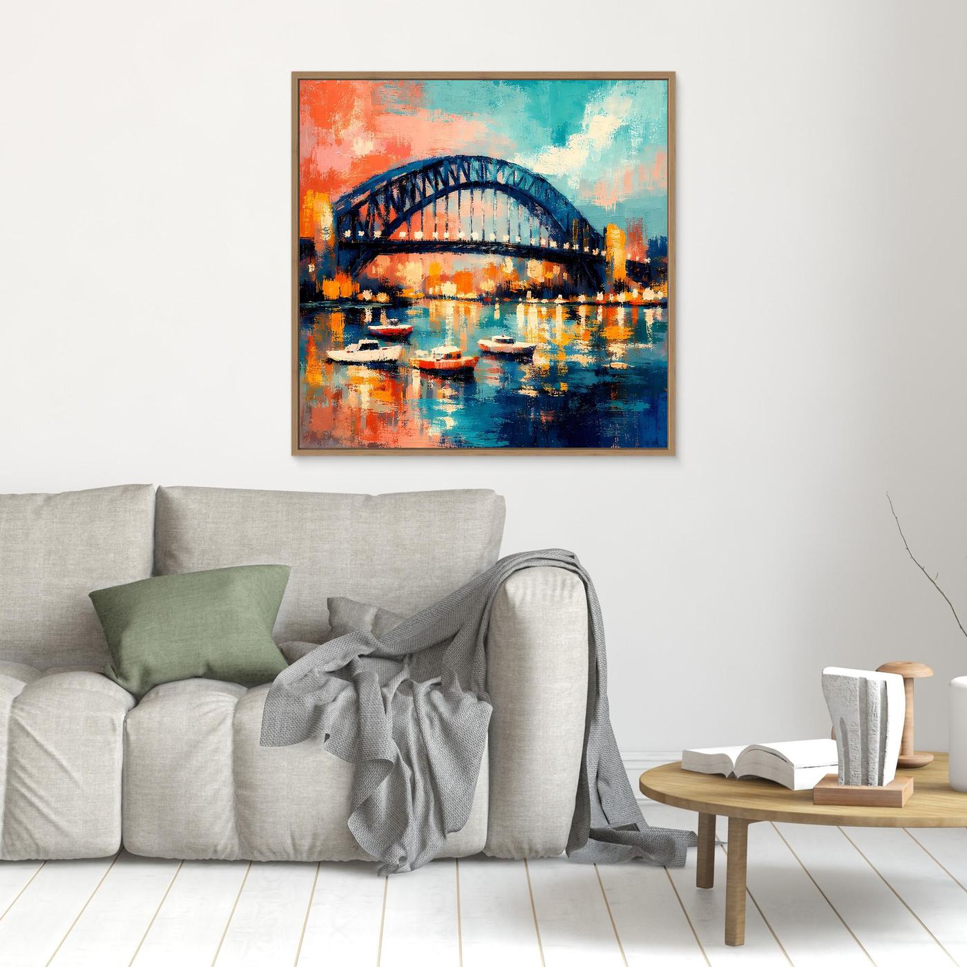 Kleines Leinwandbild der Sydney Harbour Bridge mit Booten, abstrakt, mit beigem Holzrahmen