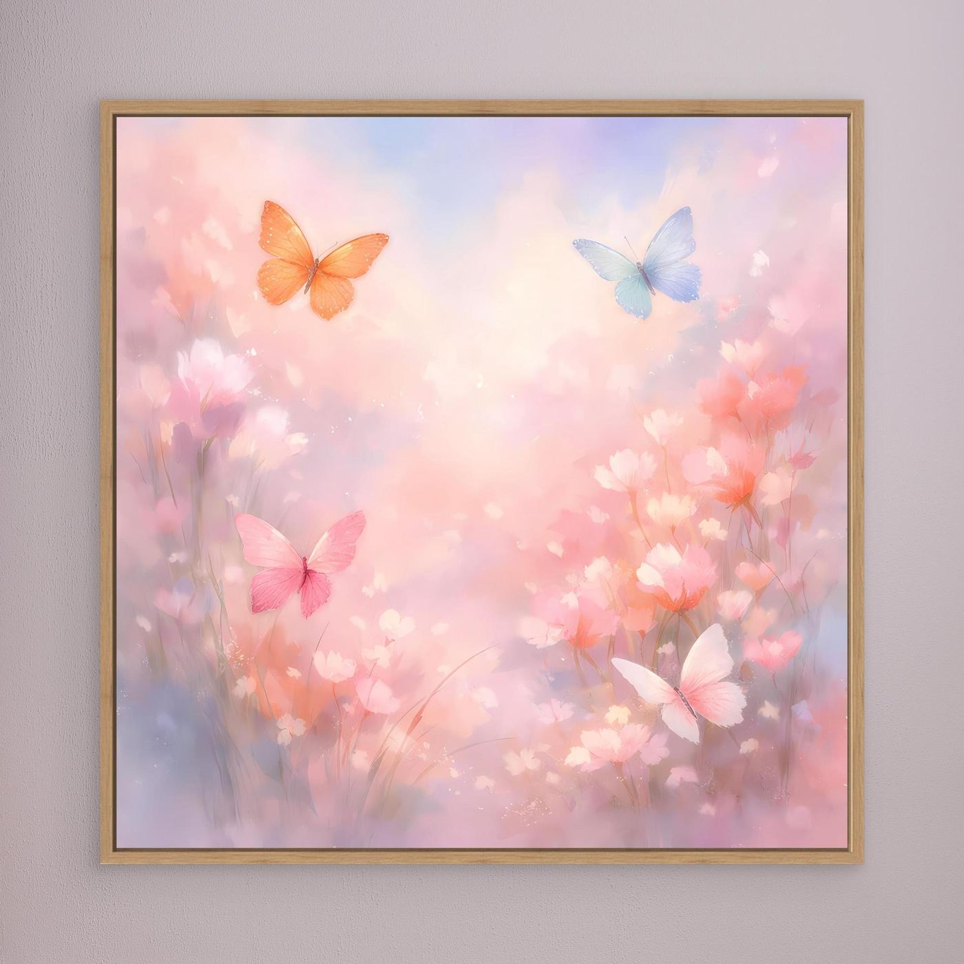 Leinwandbild mit Schmetterlingen im Pastellstil, hellrosa Blumen, goldbrauner Rahmen