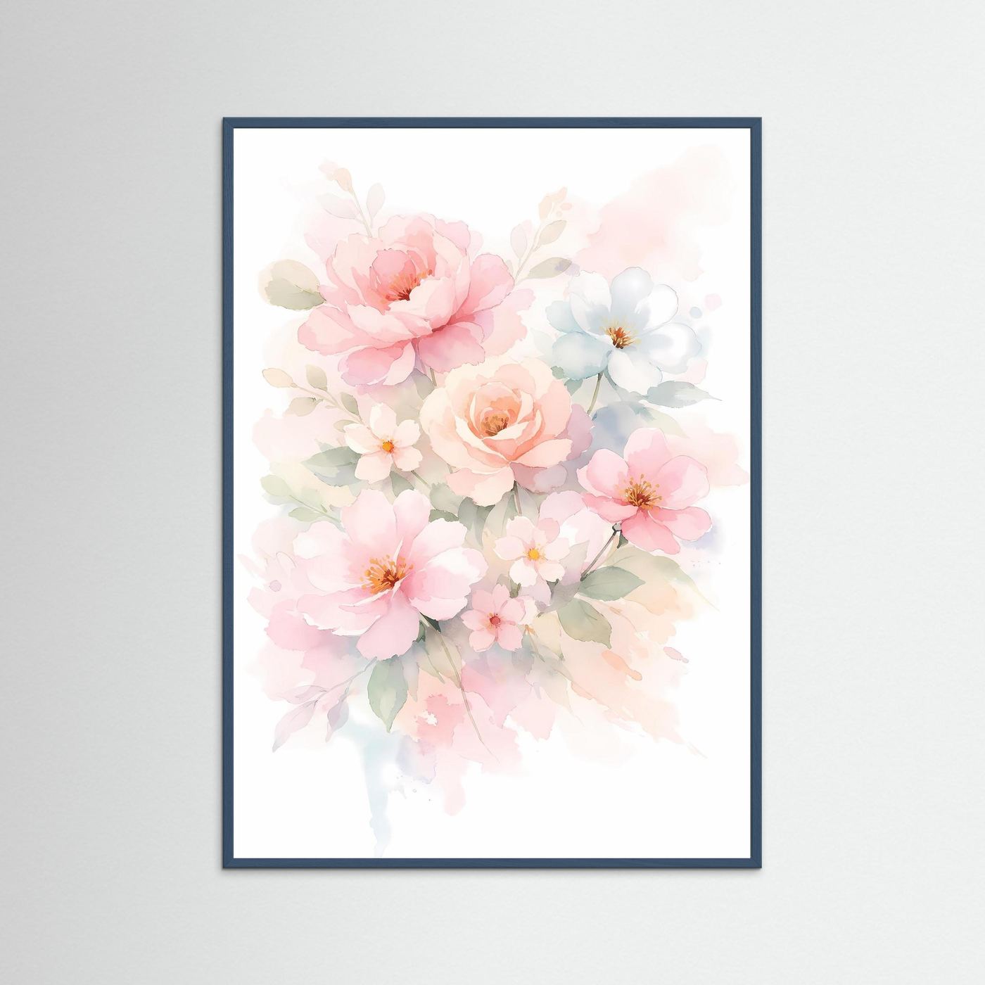 Wandbild mit Aquarell-Blumenbouquet in Pastelltönen, dunkelblauer Holzrahmen