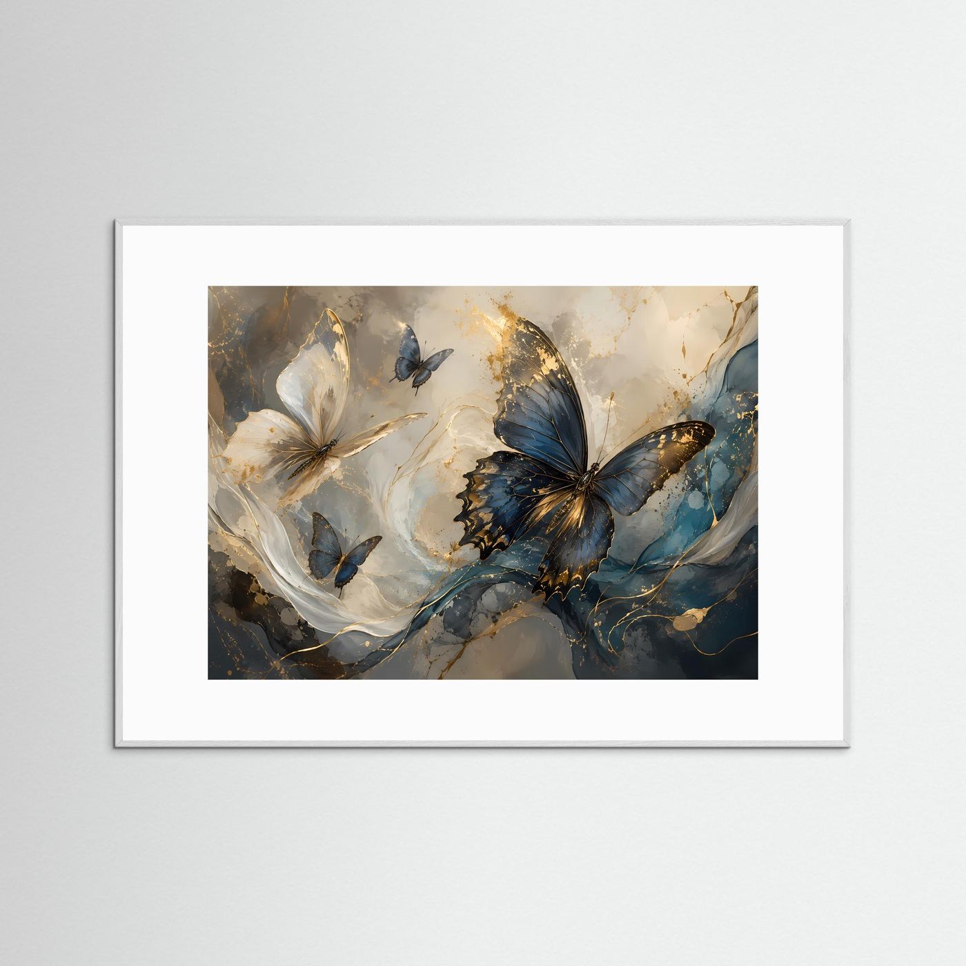 Schmetterlinge Gold Blau Poster | Abstrakte Fine Art Wandkunst | Elegantes Schmetterlingsbild | Luxuriöses Leinwandbild | Moderne Wanddekoration