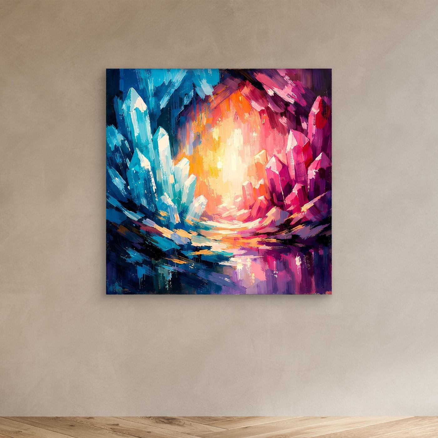 Abstract canvas wall art with blue, pink, and orange crystal burst