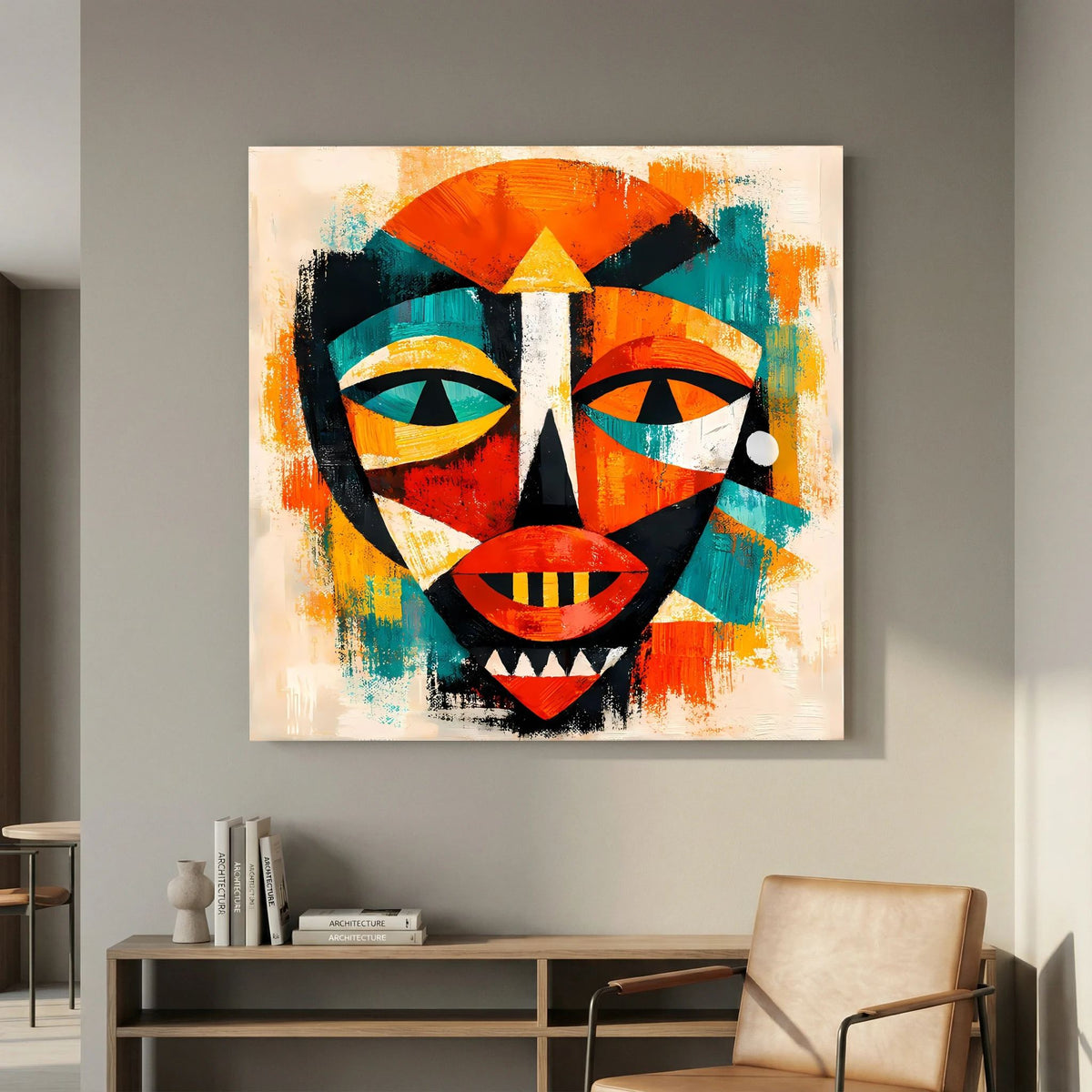 Leinwandbild abstrakte afrikanische Maske, dekorativer Hintergrundstrich in Blau und Orange