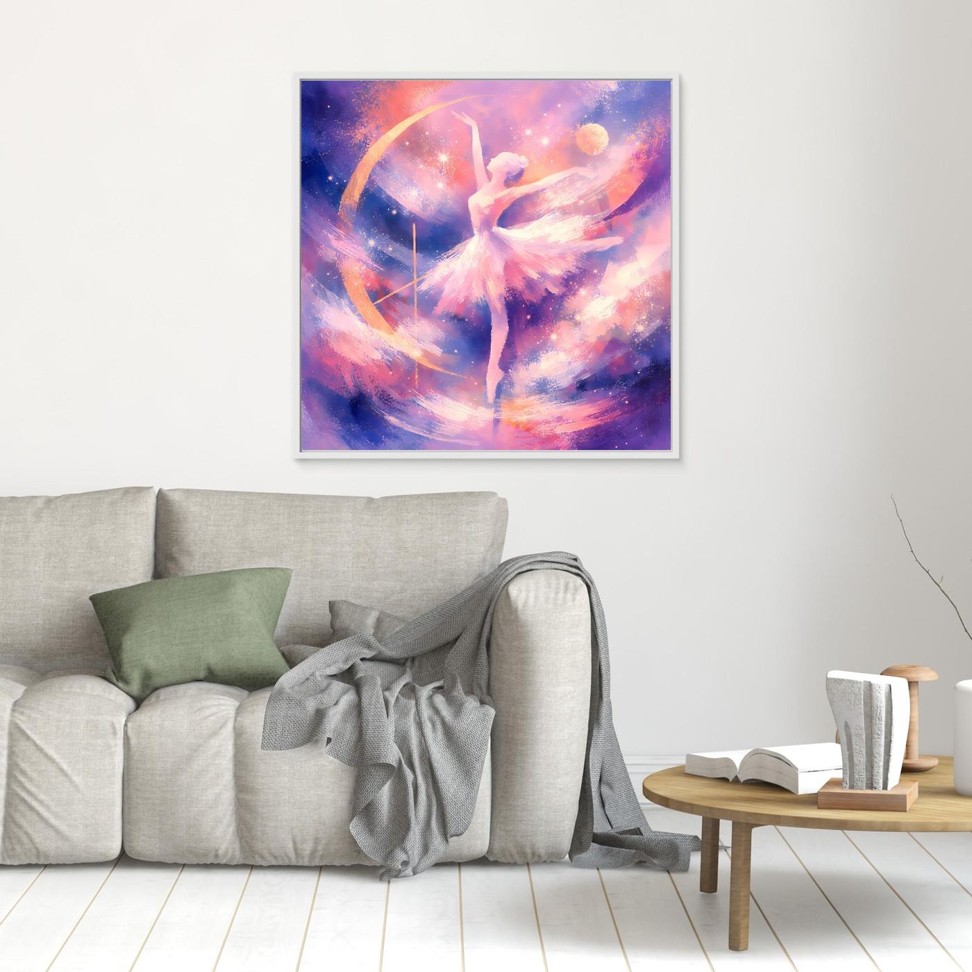Kleines Leinwandbild mit Ballerina im Flügel-Design, weiß gerahmt, Sternenverlauf