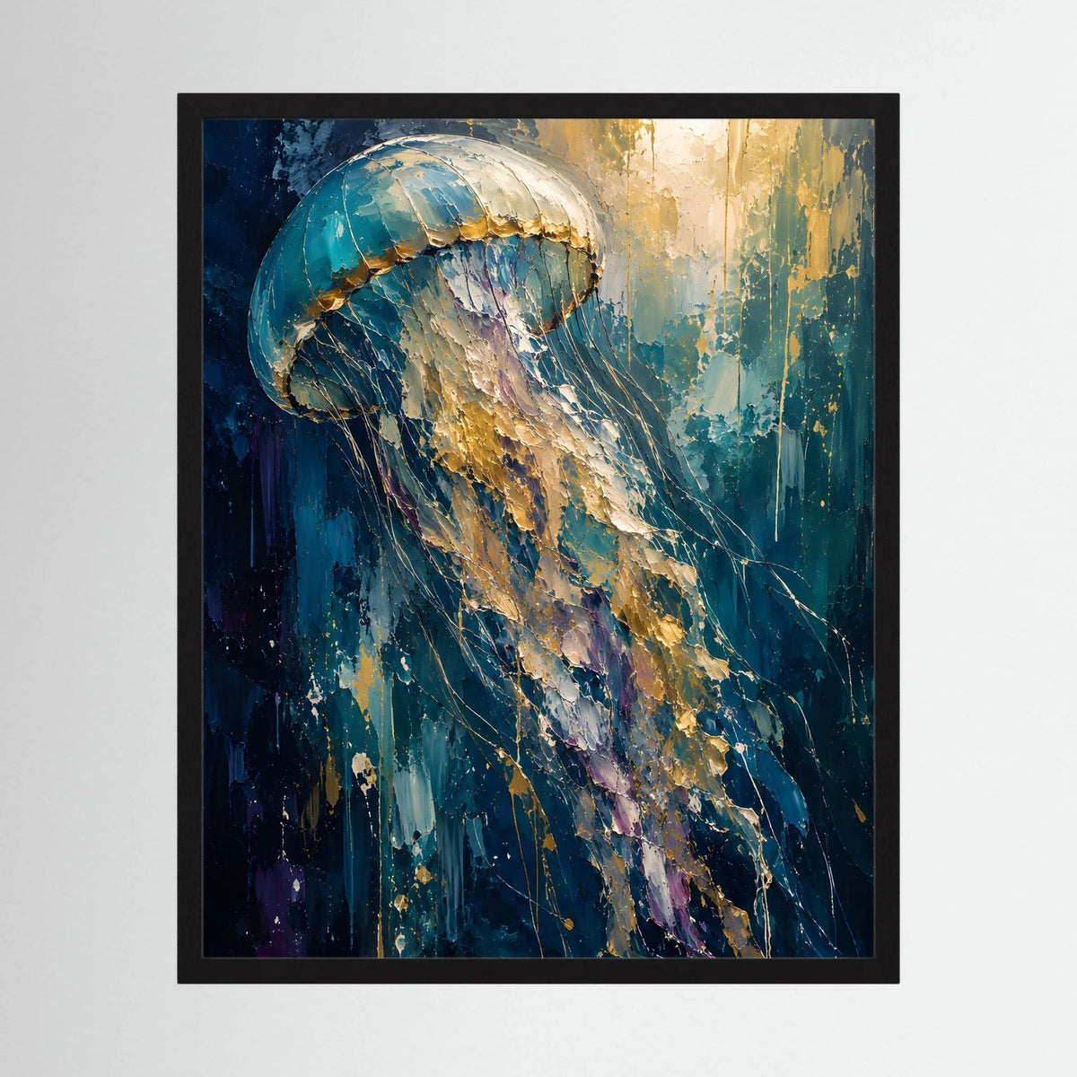 Gerahmtes Poster mit abstrakter Qualle in Blau und Gold, hochformatig