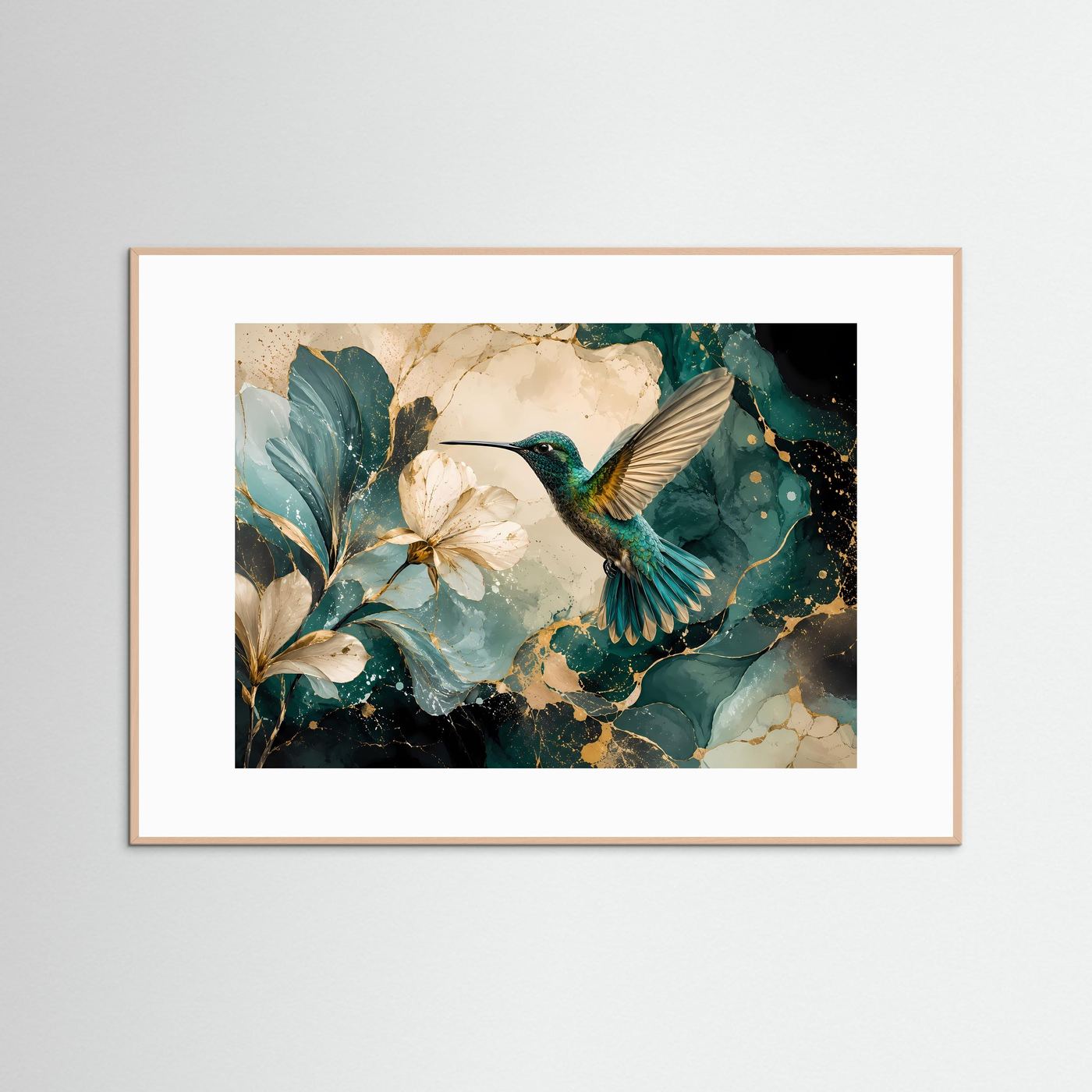 Kolibri mit Magnolienblüten Poster | Elegante Vogelkunst in Türkis Gold Modernes Blumen Wandbild Querformat
