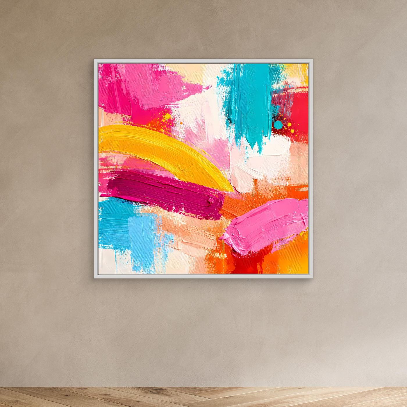 Abstract pastel canvas wall art with layered brush strokes, white frame
