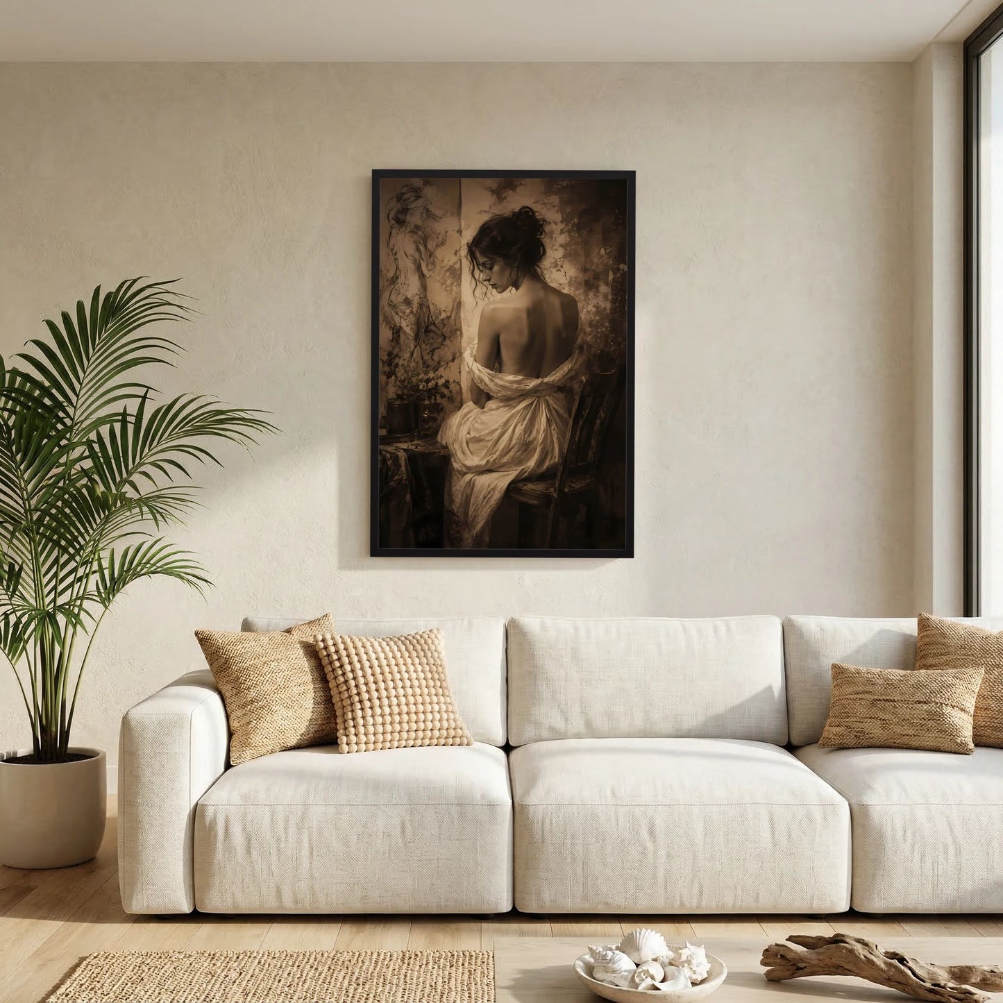 Kunstposter mit Sepia-Porträt einer Frau, schwarzer Rahmen