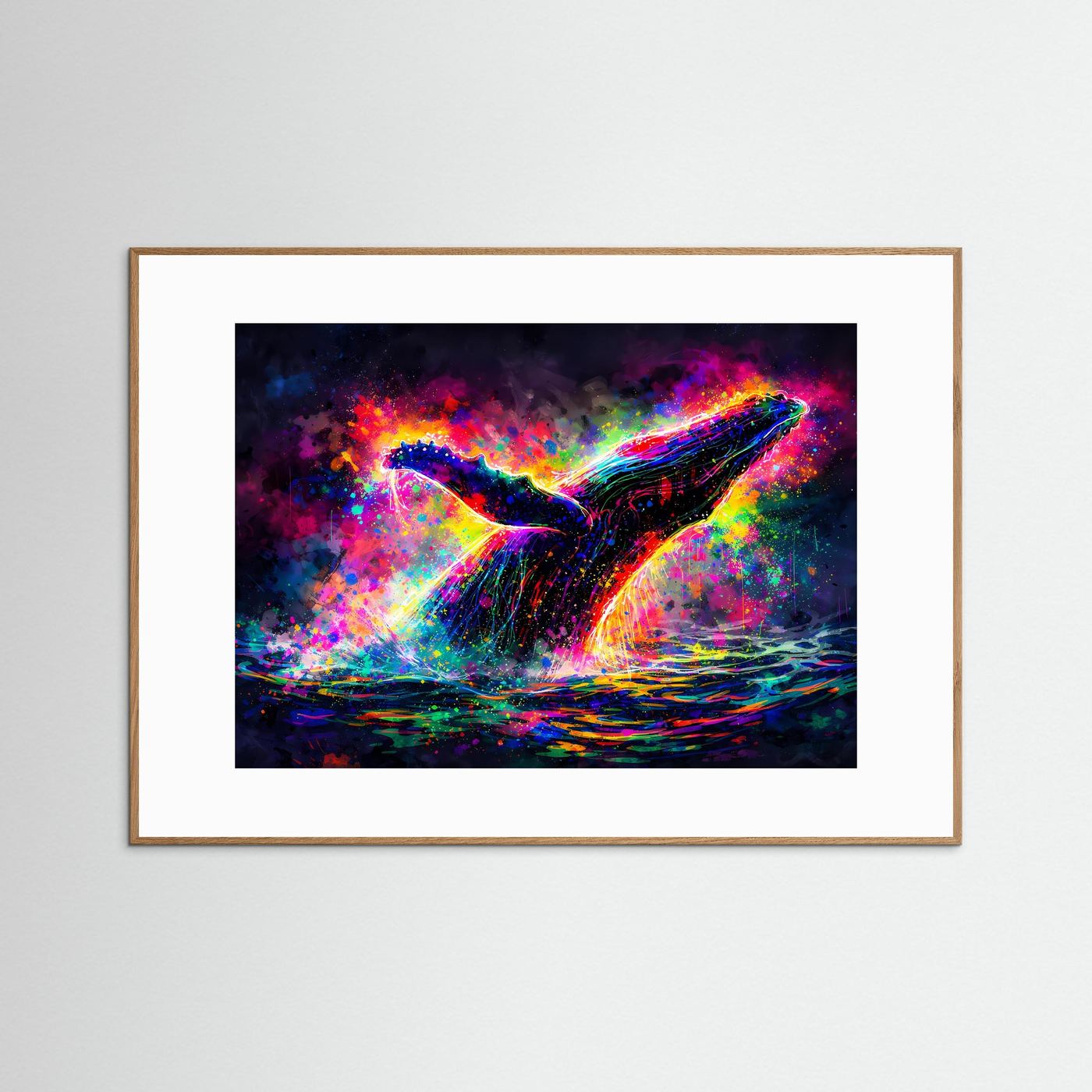 Neon-Buckelwal-Poster, abstrakte Farbeffekte, hellbrauner Holzrahmen, querformatig