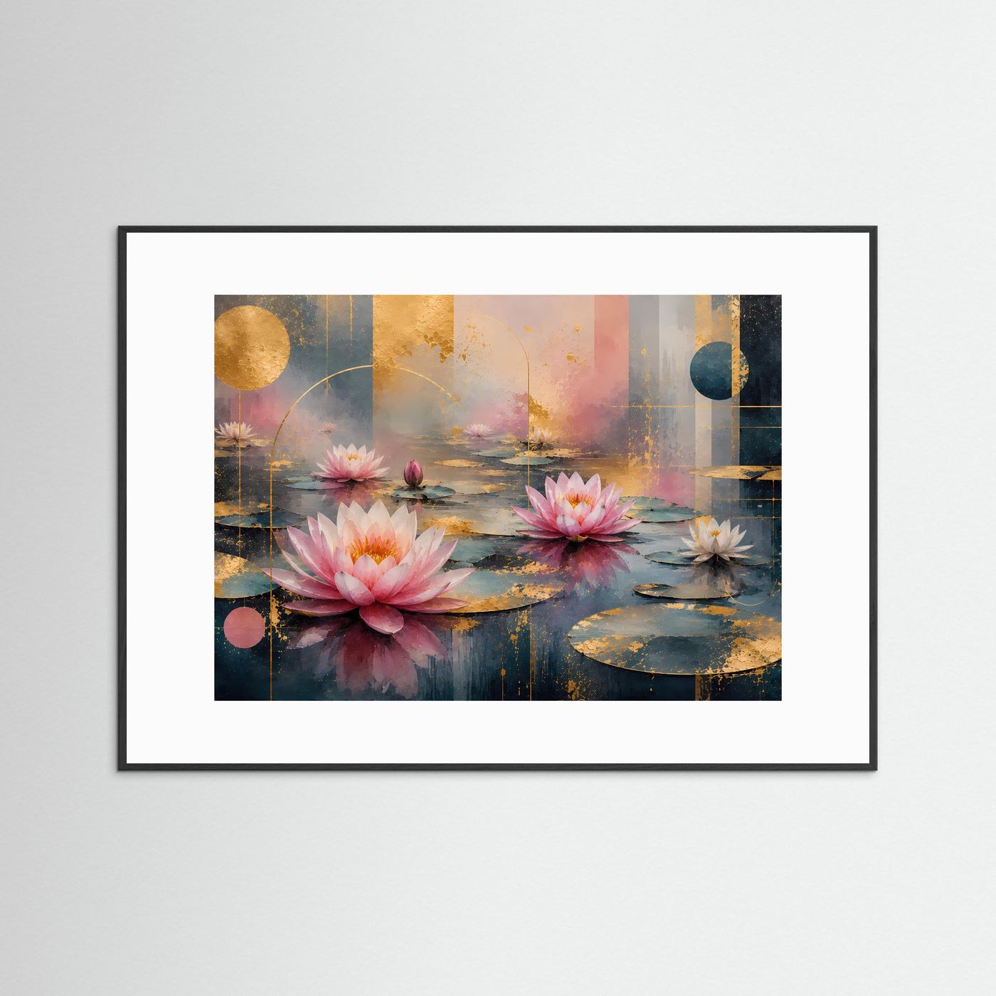 Abstraktes Lotusblüten-Poster in Rosa mit goldenen Akzenten, mit weißem Passepartout im schwarzen Rahmen