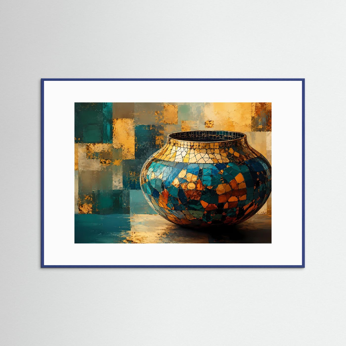 Mosaik Vase Poster | Abstrakte Keramik Kunst | Gold Blau Wandbild | Moderne Stillleben Wall Art