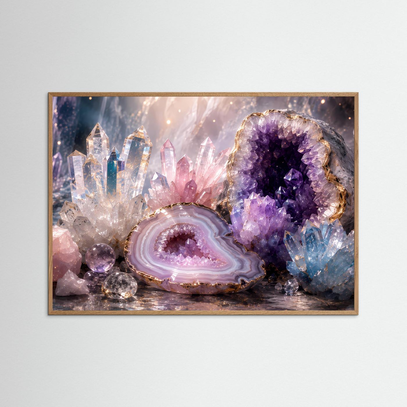 Kristalle & Geoden Poster | Amethyst, Rosenquarz & Bergkristall Wandbild | Luxuriöse Edelstein Kunst | Premium Leinwand & Wall Art