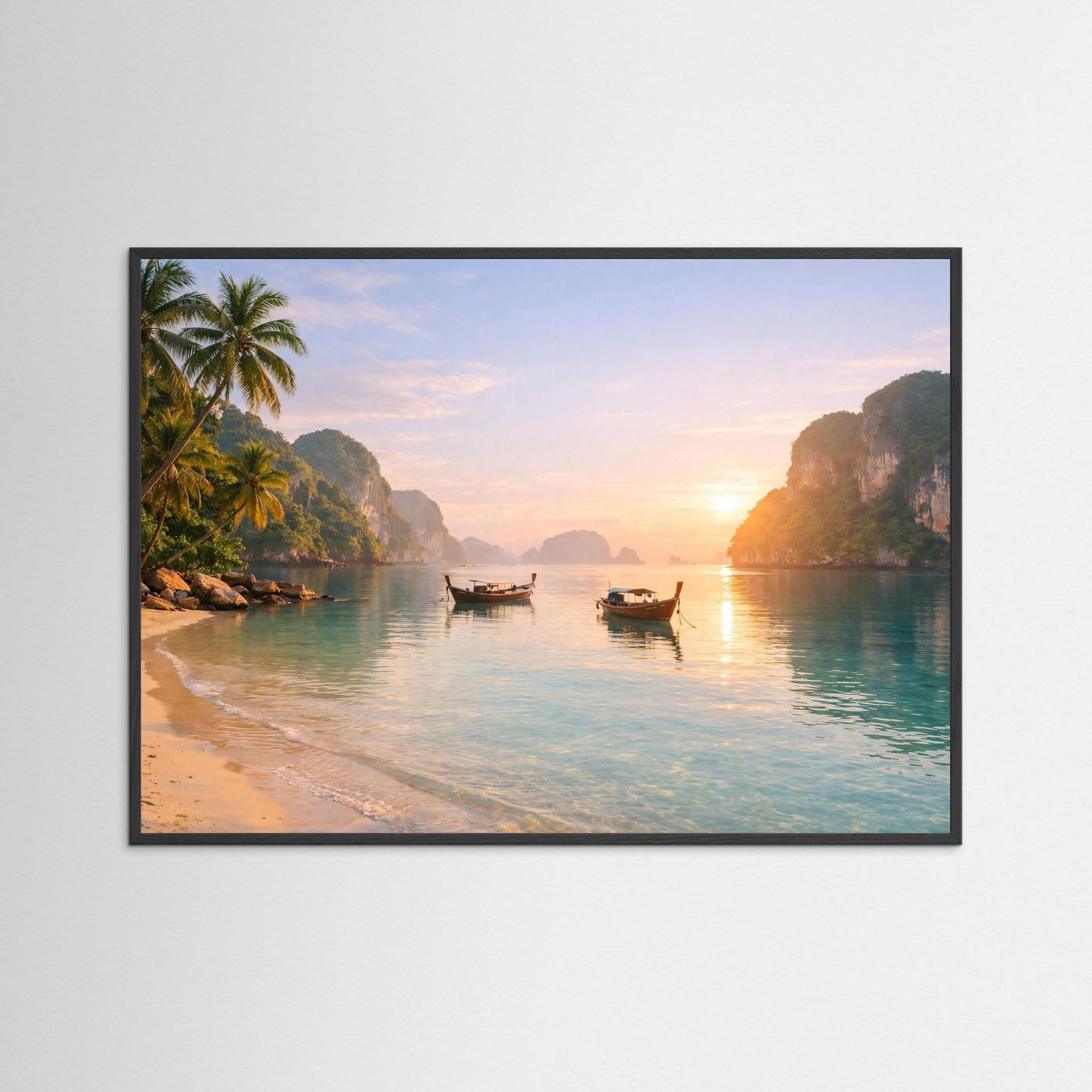 Tropischer Sonnenaufgang am Strand | Panorama Boote & Lagune Poster Querformat