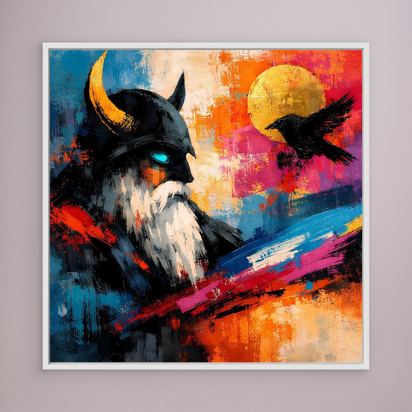Leinwand-Wandbild mit abstraktem Odin und Rabe, mehrfarbig, mit weißem Rahmen