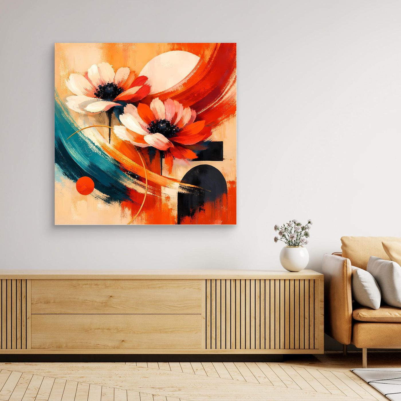 Leinwandbild mit abstrakten Anemonen, Rahmen in Naturton, Rot, Orange, Teal und Schwarz