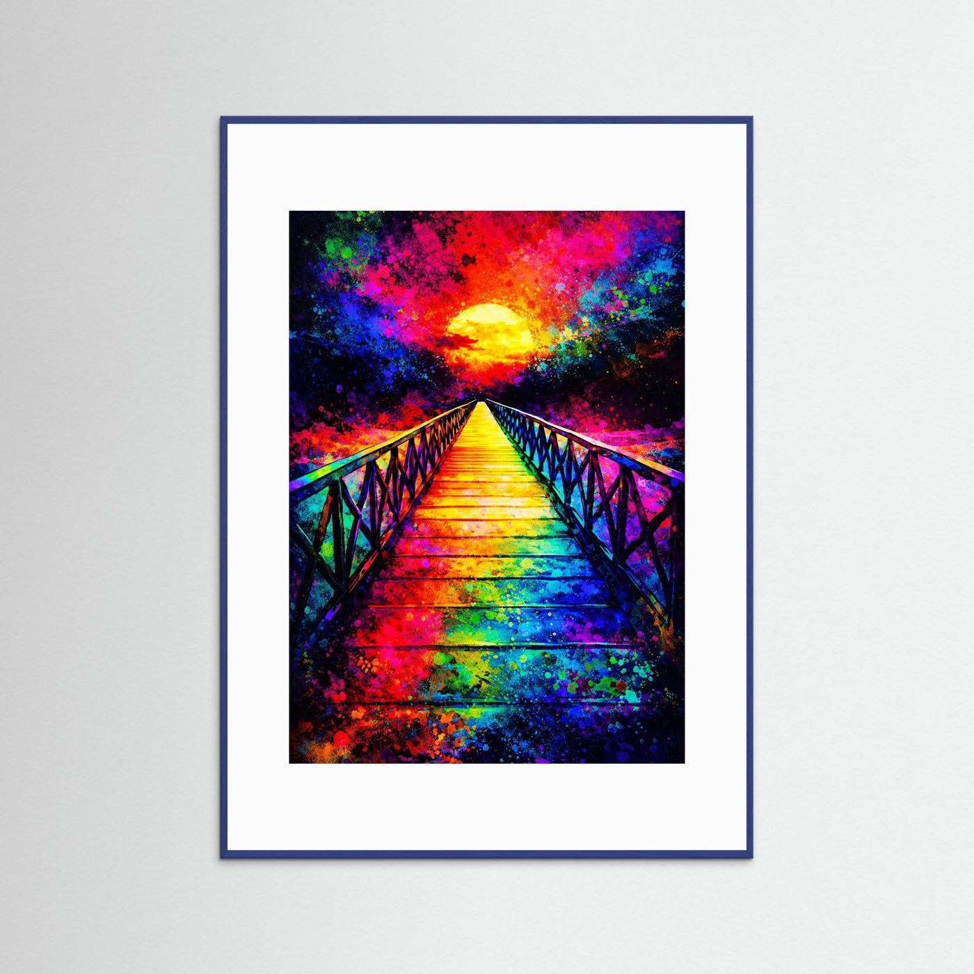 Abstraktes Leinwandbild: bunte Brücke zum Sonnenuntergang, blau gerahmt