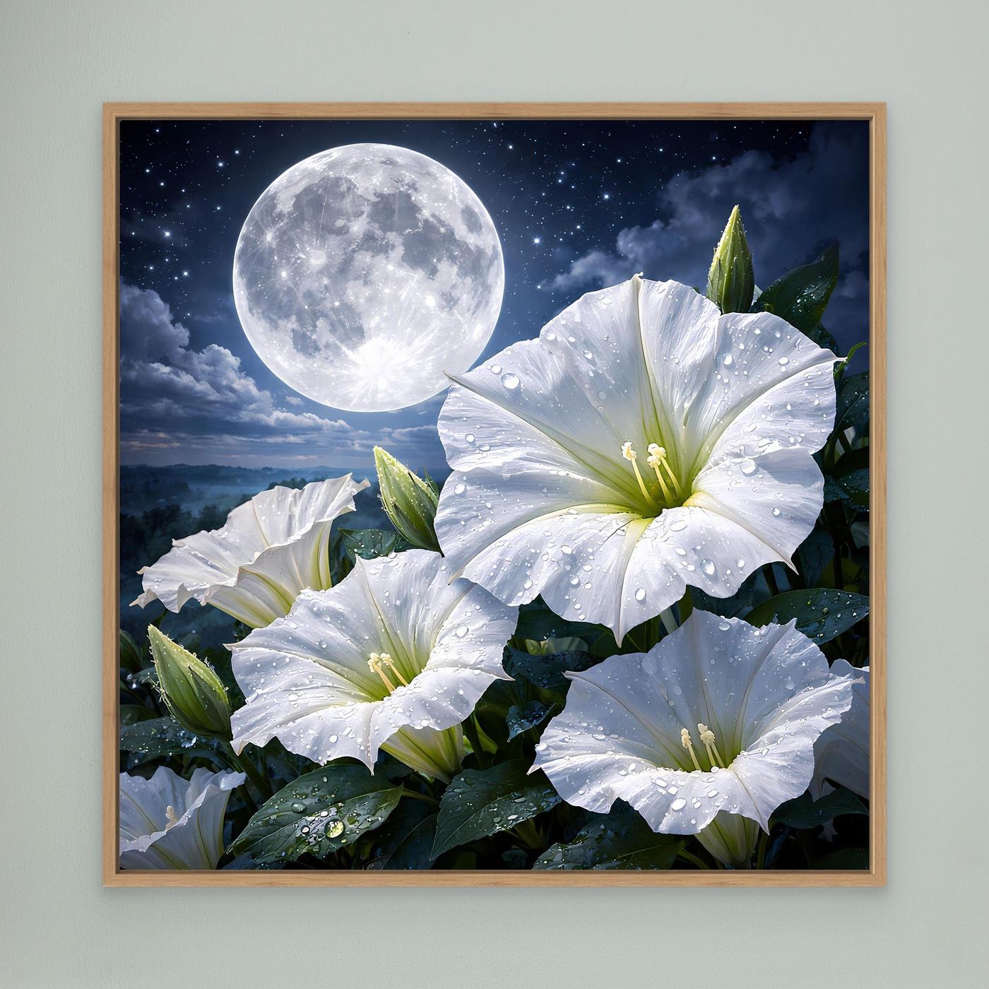 Wandbild auf Leinwand mit weißen Blüten und hellem Mond, Rahmen in Eiche
