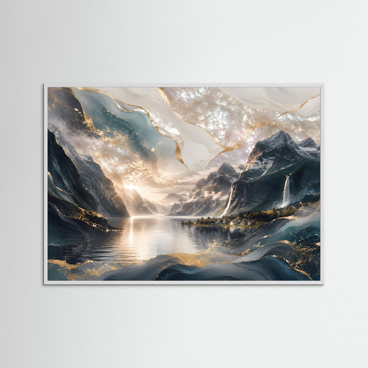 Querformat-Poster im weißen Rahmen mit Fjord, Bergen und Wasserfall