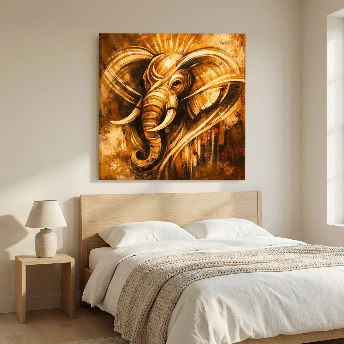 Abstraktes Wandbild mit goldfarbenem Elefant im Spiralmuster, warmes Braun