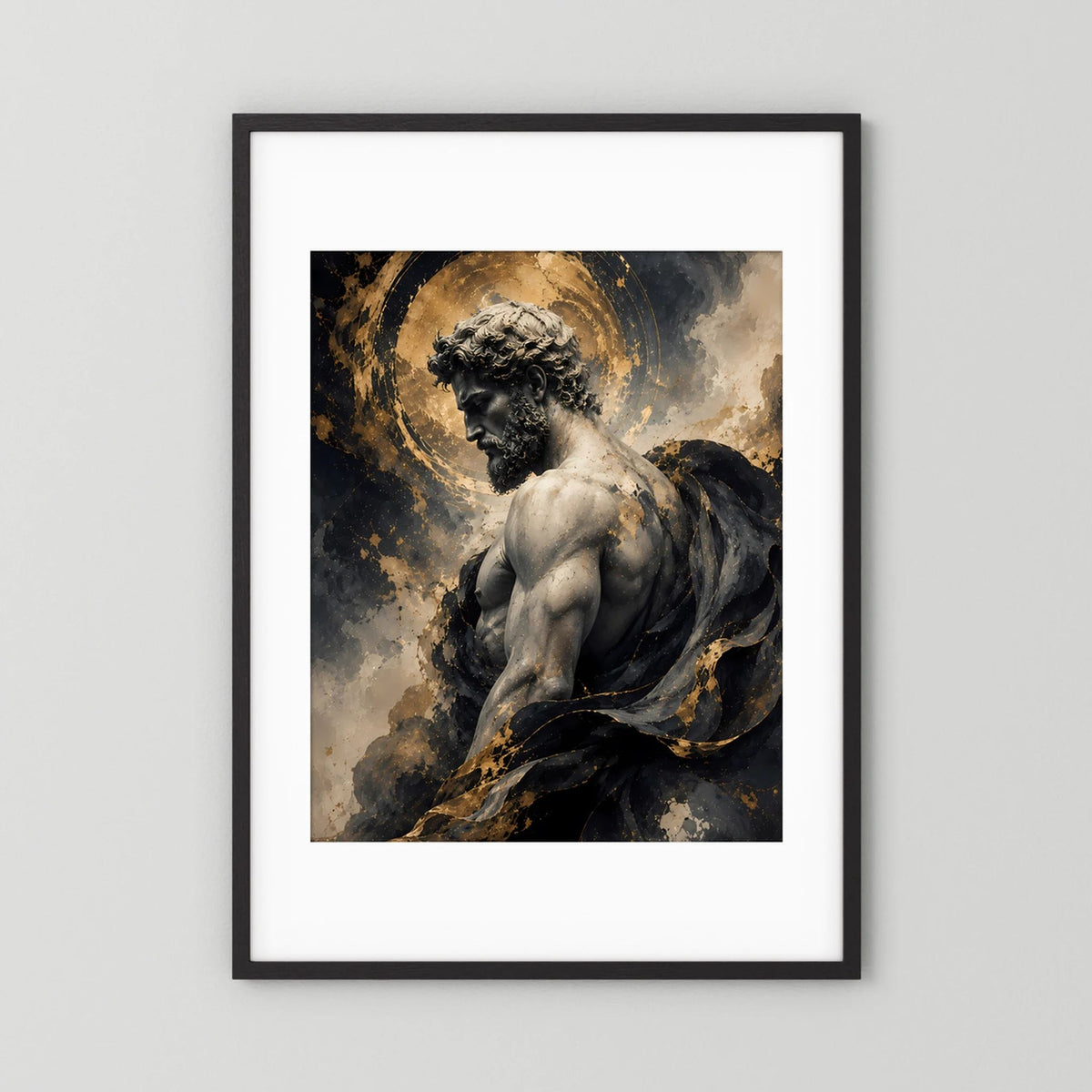 Gerahmtes Hochformat-Kunstposter: Statue mit goldenem Heiligenschein, schwarz-goldene Farbverläufe.
