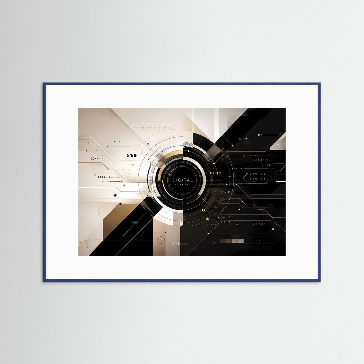 Tech-Poster im Querformat mit blauem Rahmen und abstraktem Digital-Layout in Schwarz und Gold