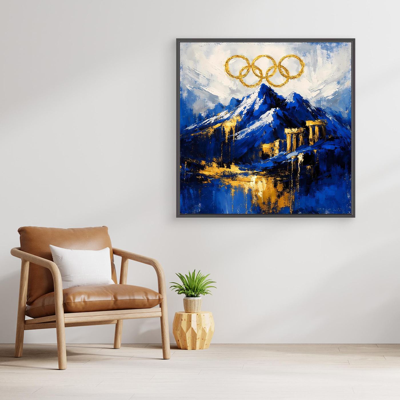 Leinwand Olympischer Geist am Mount Olympus | Abstraktes Berge Wandbild Gold Blau
