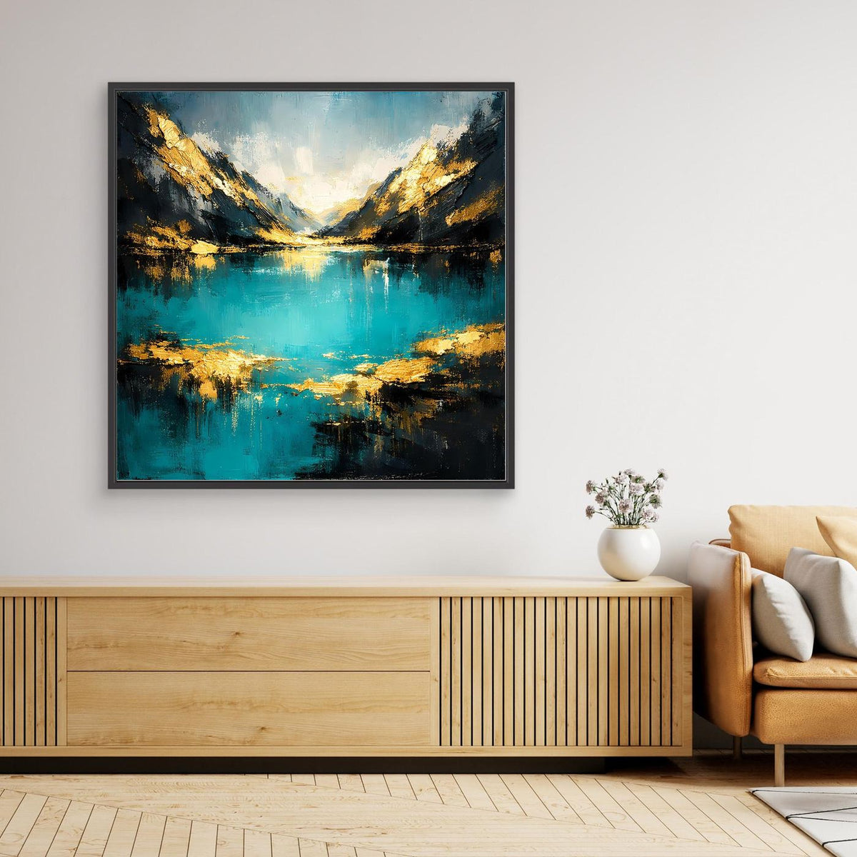Wandbild mit abstrakter Bergsee-Landschaft in Türkis und Gold, mit schwarzem Rahmen