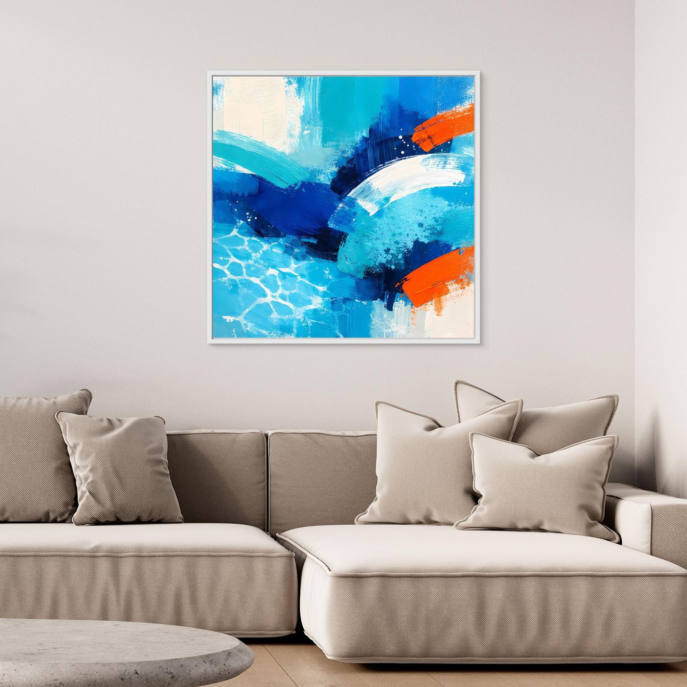 Abstract canvas wall art featuring blue ocean waves and orange paint marks