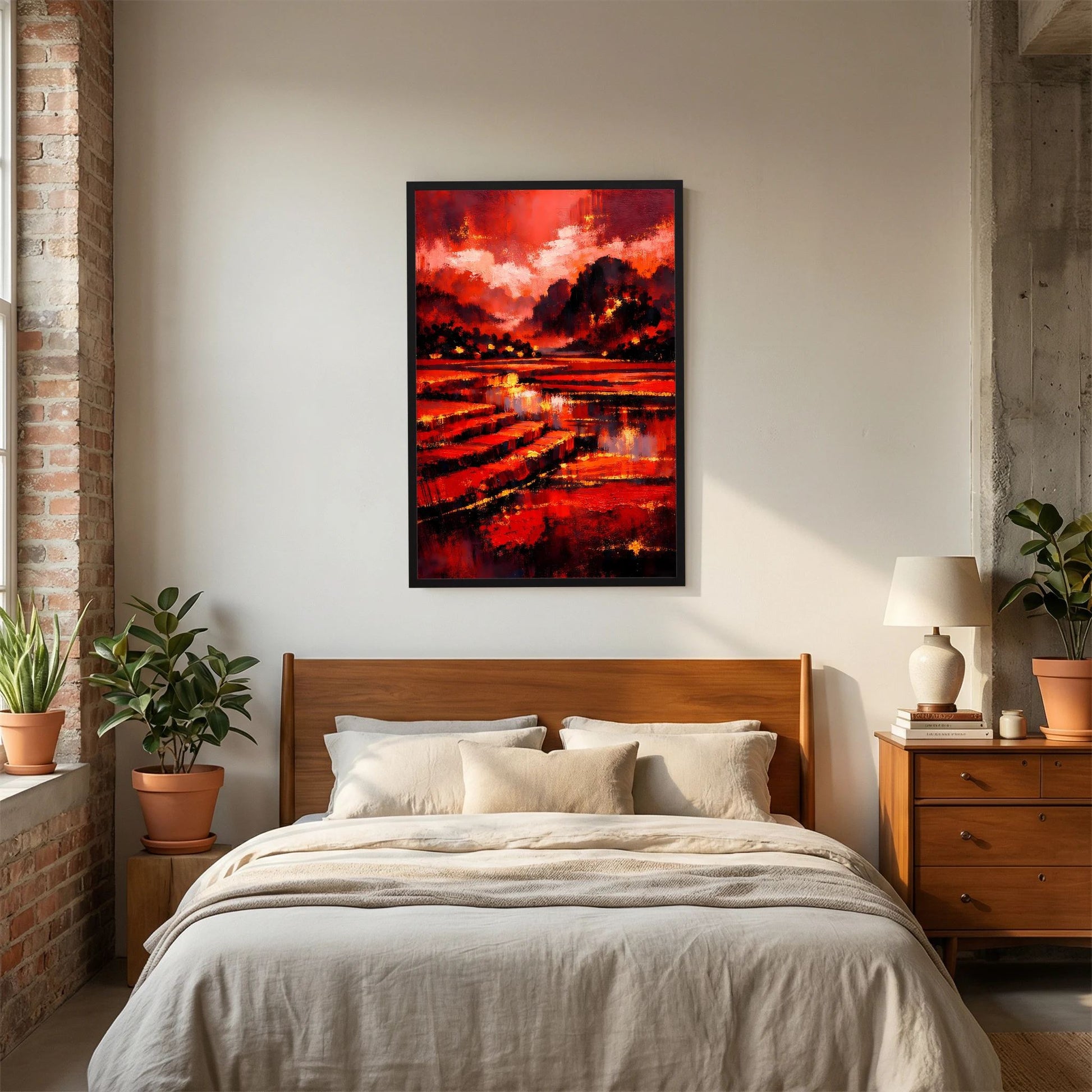 Kunstposter Hochformat mit schwarzem Rahmen, abstrakte Rot-Schwarz-Landschaft