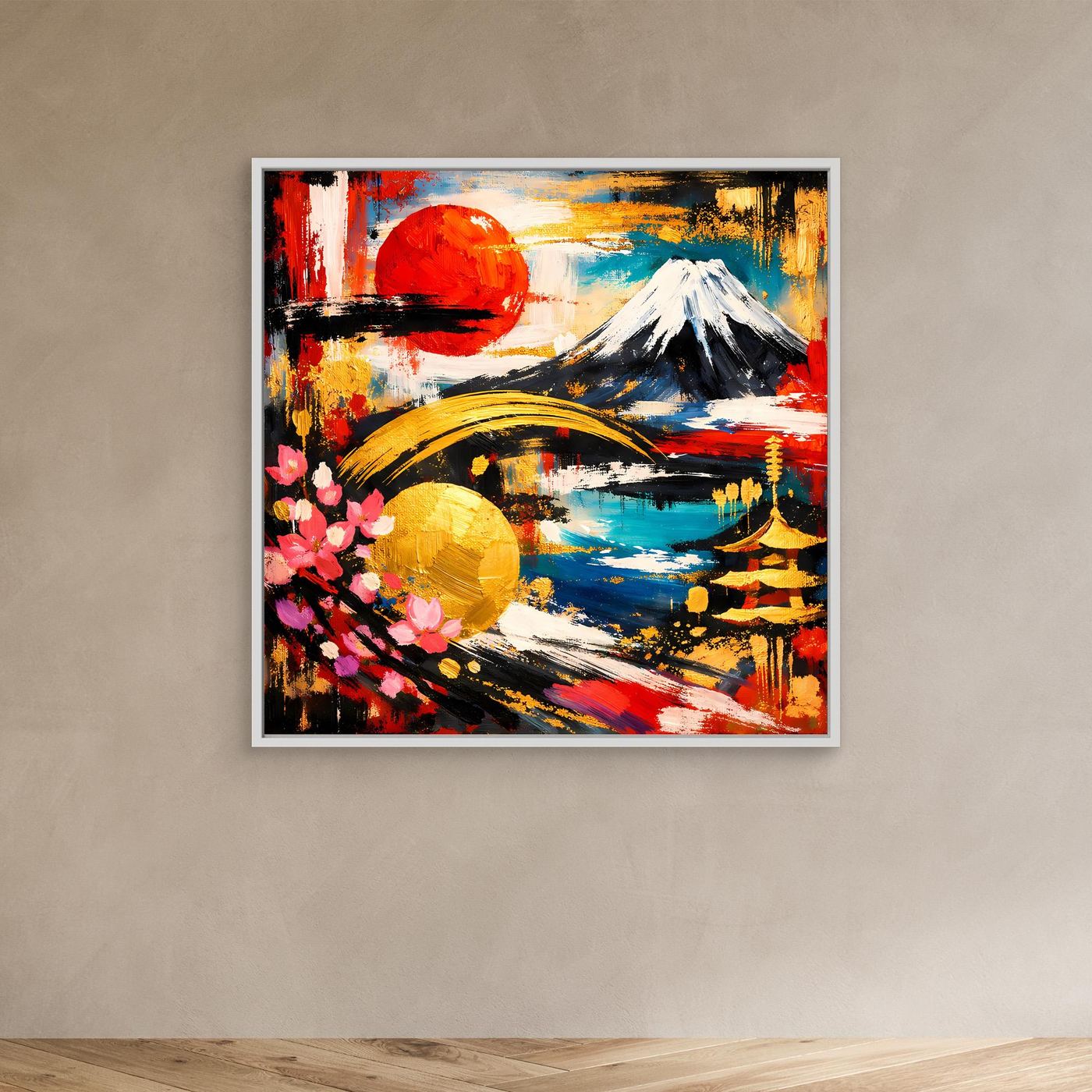 Gerahmtes Leinwandbild: abstrakter Fuji mit roter Sonne, Kirschenblüten und Pagode