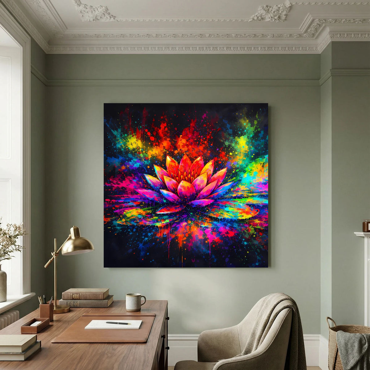 Abstraktes Leinwandbild mit farbenfroher Lotusblüte auf Keilrahmen, quadratisch.
