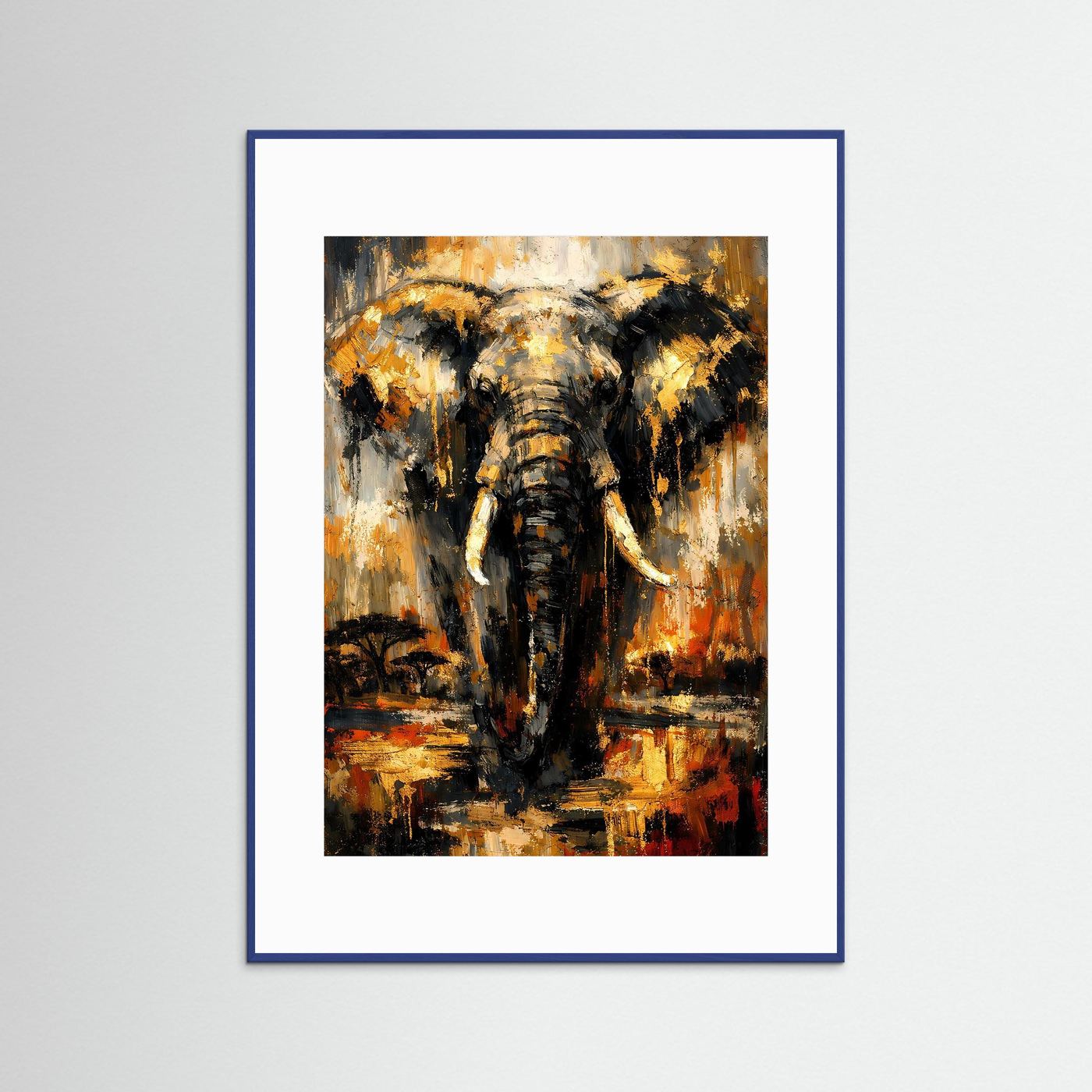 Elefanten-Poster im blauen Rahmen mit weißem Rand, abstraktes Elefantemotiv in Goldtönen