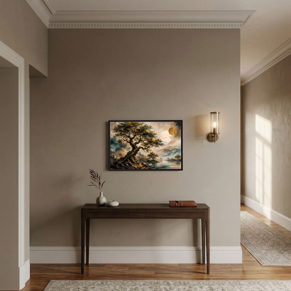 Querformat-Poster mit Baum am Wasser in Gold und Petrol, abstrakte Naturlandschaft.