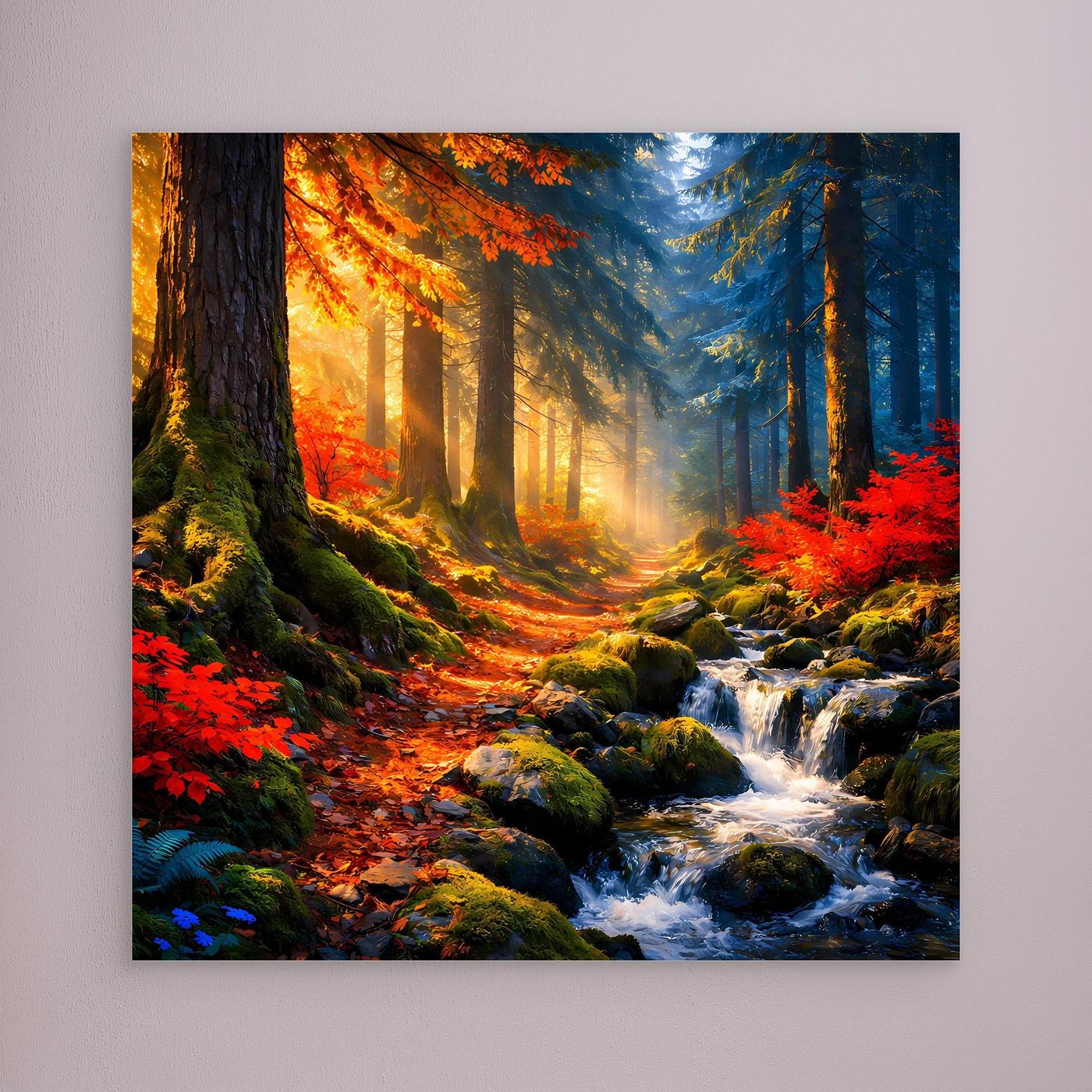 Wandbild mit Herbstwald und Bach, warmes Licht, ohne sichtbaren Rahmen