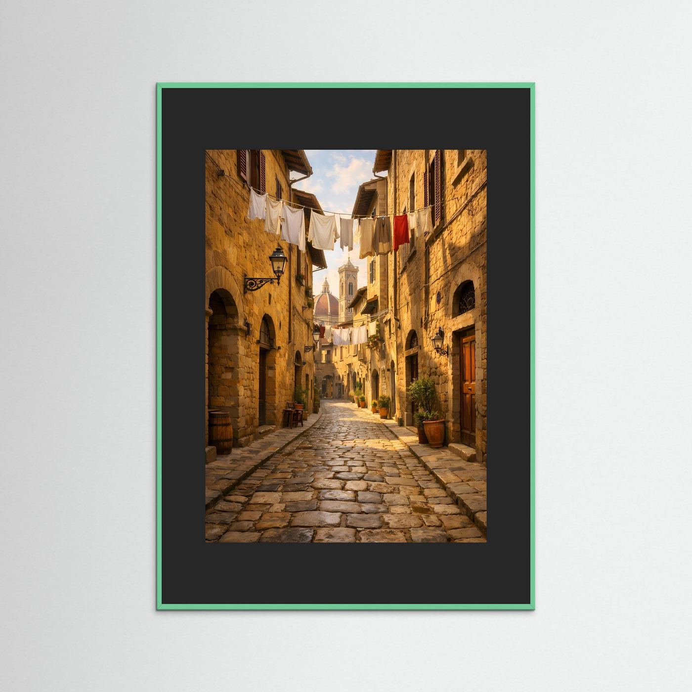 Wandbild Foto einer Kopfsteinpflastergasse in Altstadt, dunkles Passepartout, türkisfarbener Rahmen