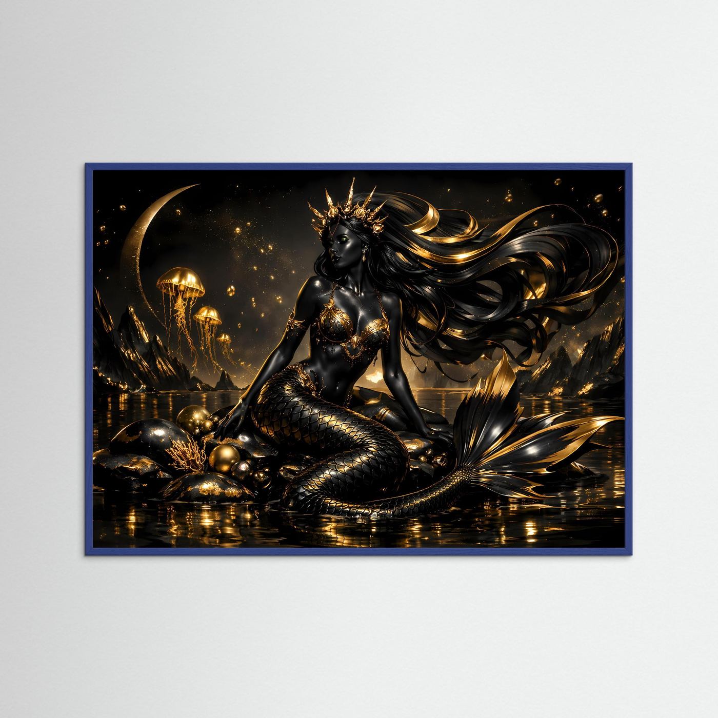 Schwarze Meerjungfrau mit Goldkrone & Quallen | Mystisches Wandbild Querformat