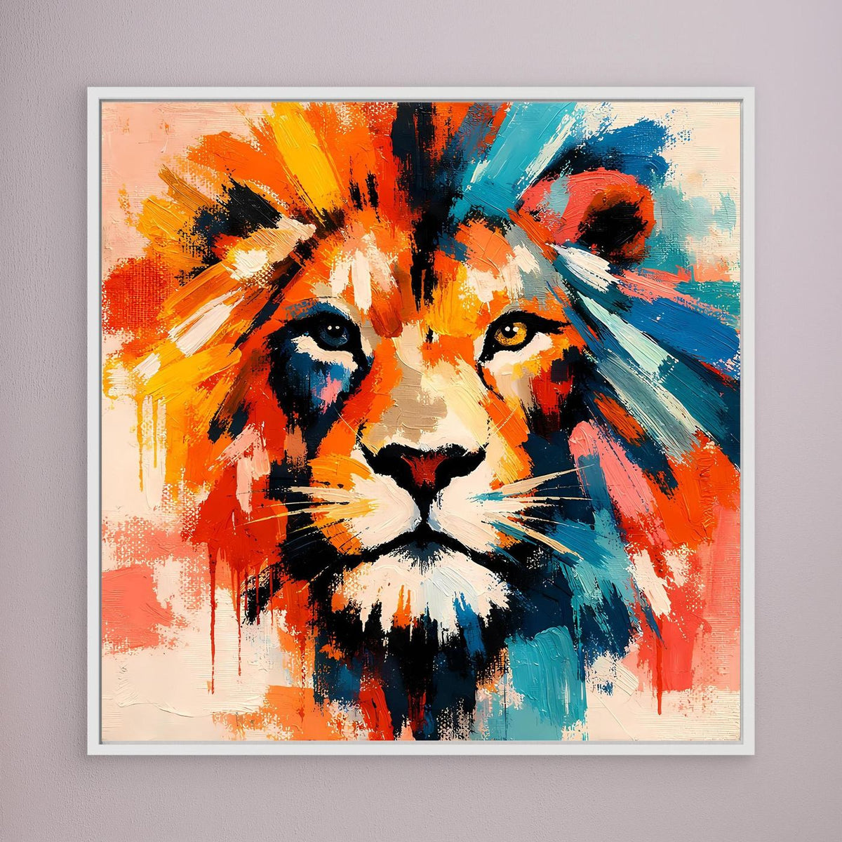 Abstraktes Löwenkopf-Leinwandbild, orange und blau, weiß gerahmt, quadratisch
