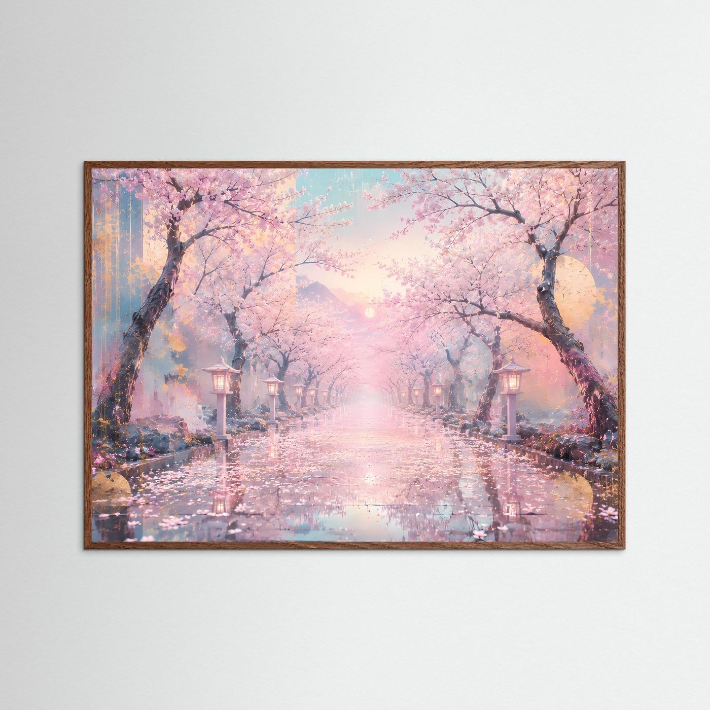 Kirschblütenweg im Morgenlicht | Japanische Sakura Landschaft in Rosa & Gold – Elegante Wandkunst