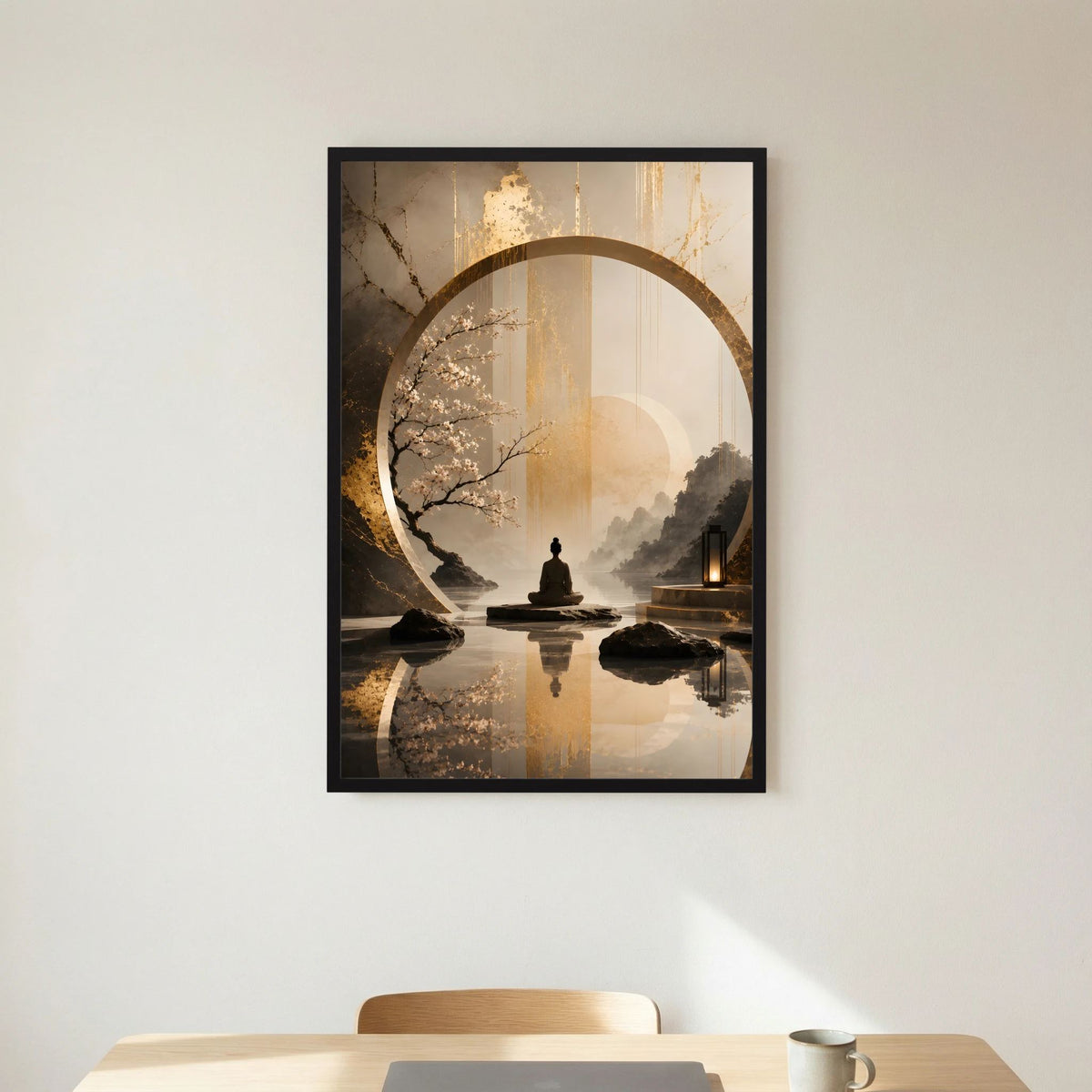 Zen-Kunstposter mit goldener Kreisform, sitzender Figur und Kirschblüten, Beige, schwarzer Rahmen