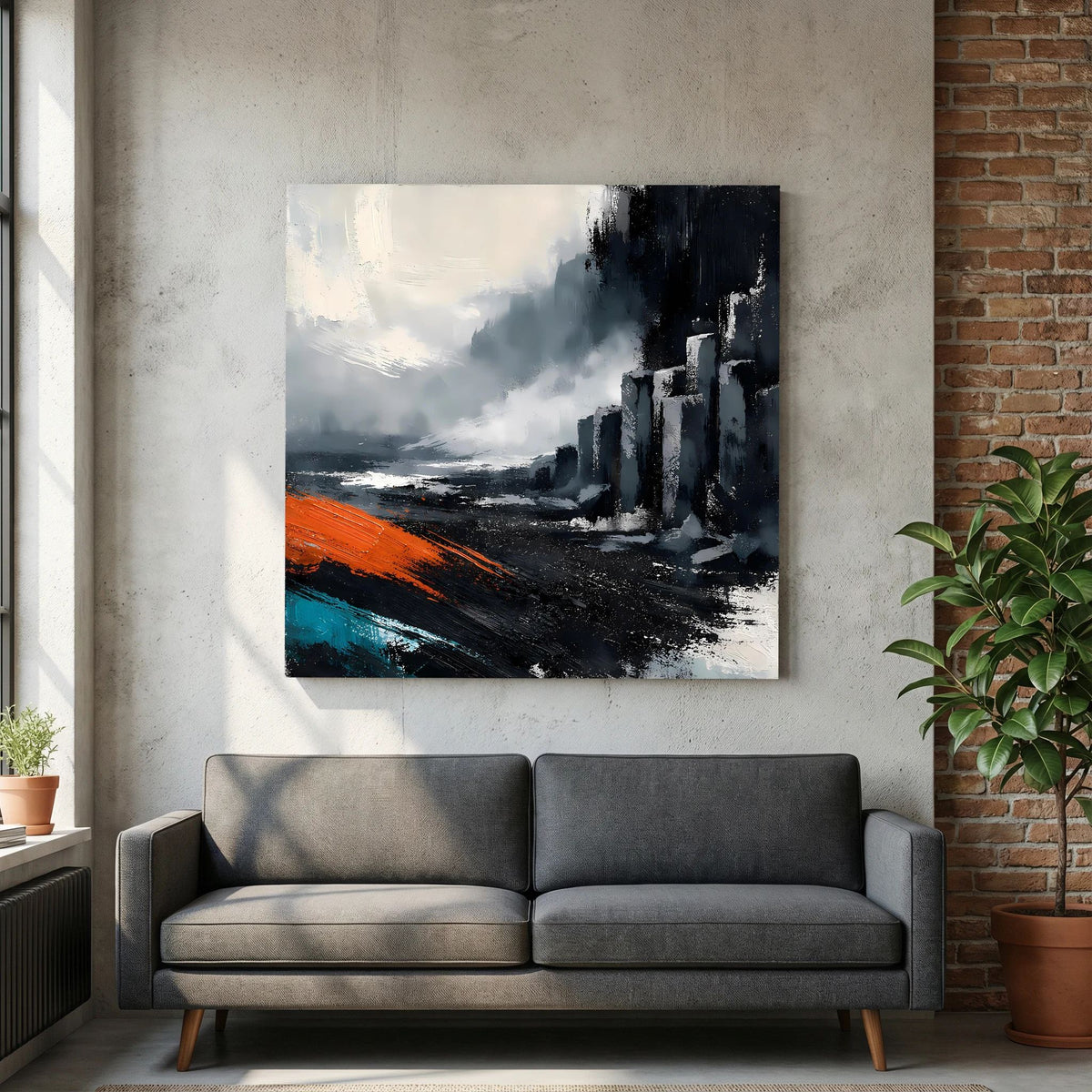 Leinwand Abstraktes Basaltsäulen Gemälde | Modernes Isländisches Vulkan Wandbild Schwarz Orange