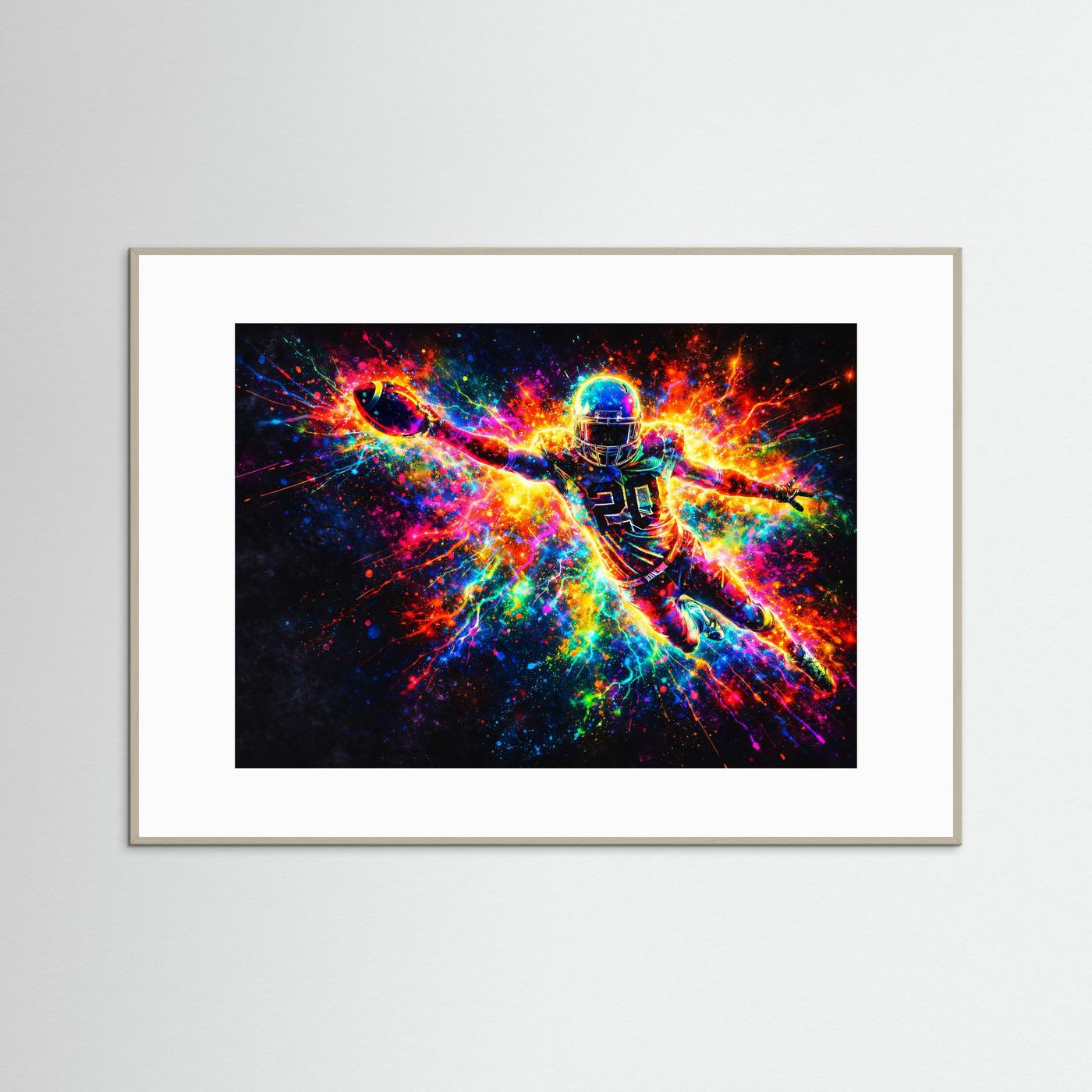 American-Football-Actionposter im braunen Rahmen, Neon-Optik mit Football-Spieler im Sprint.