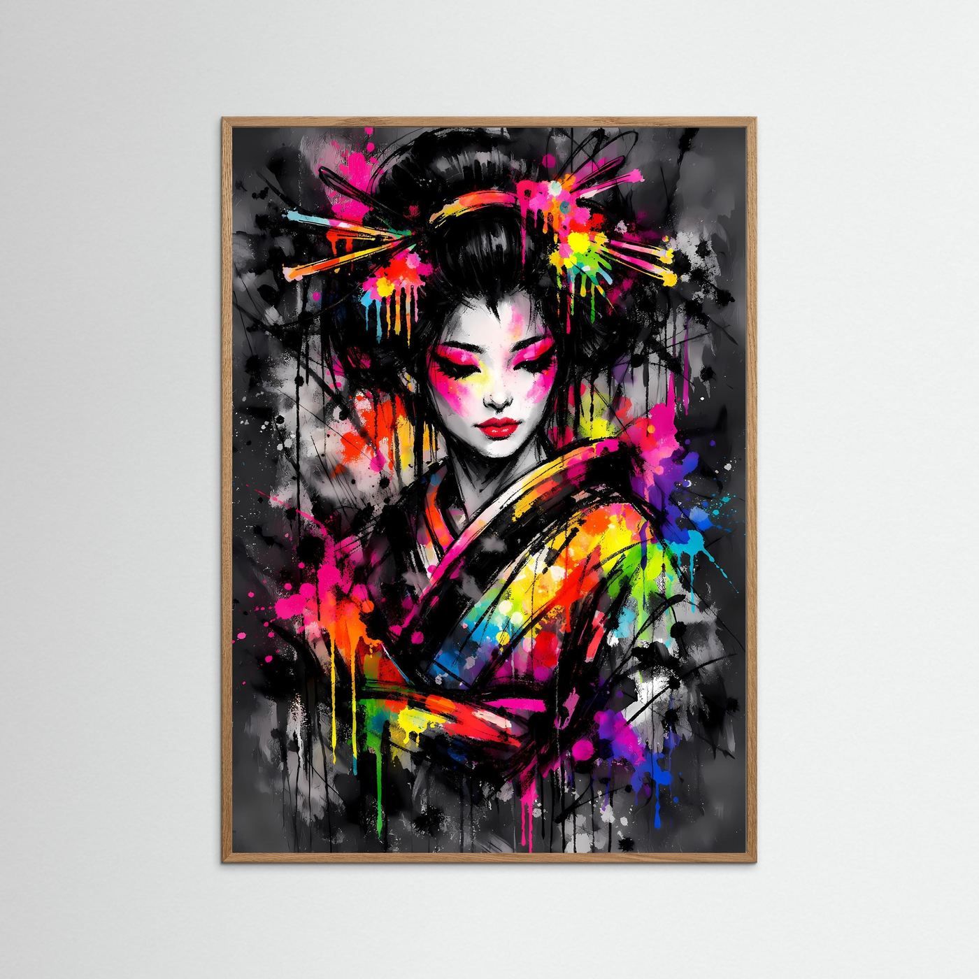 The Neon Geisha | Luxuriöses Geisha Poster Bunt & Dunkel | Abstraktes Japan Kunstposter Hochformat